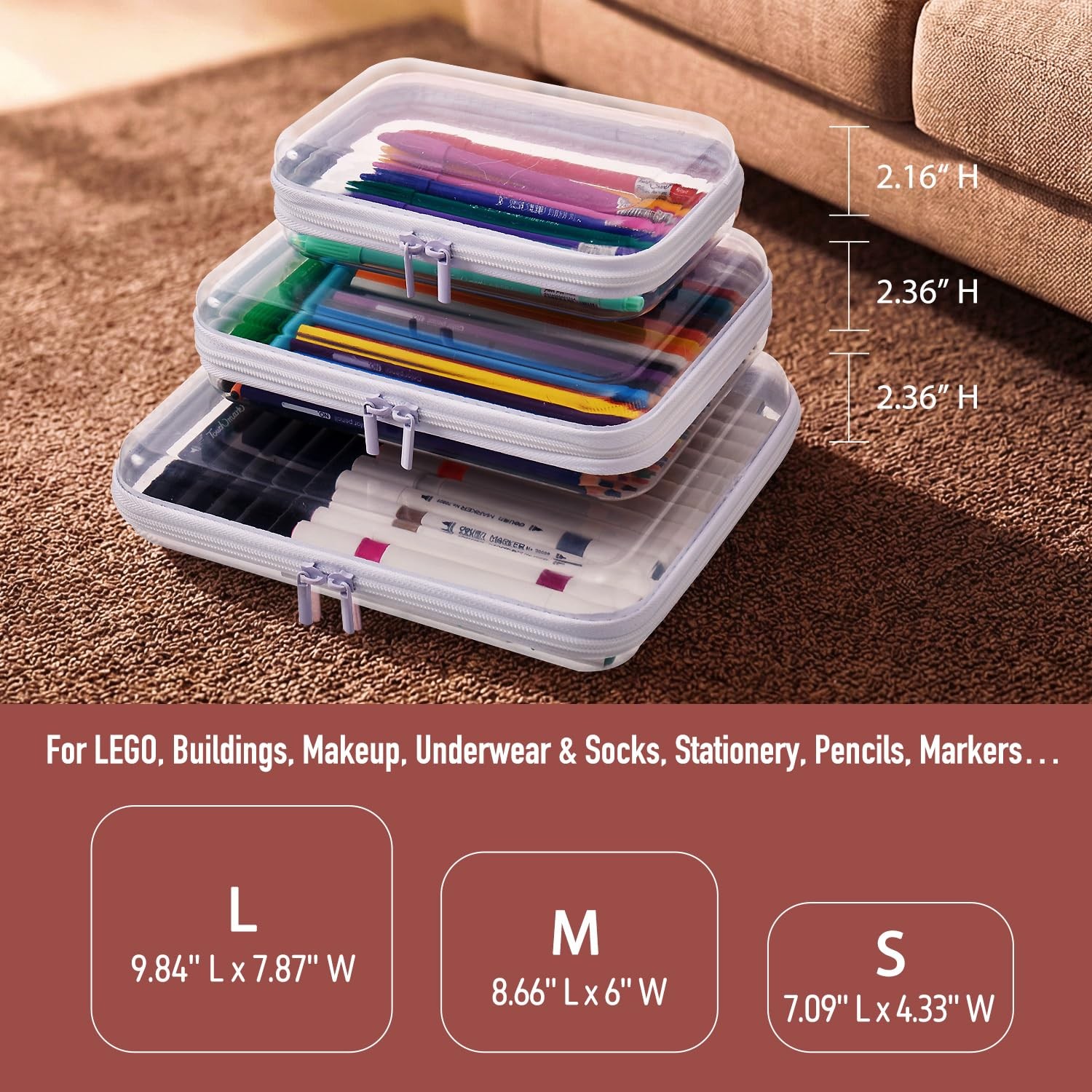 3PCS Clear Zipper Pouches, Kid’s Toy Storage Organizer Bins, Zippered Hard Po…
