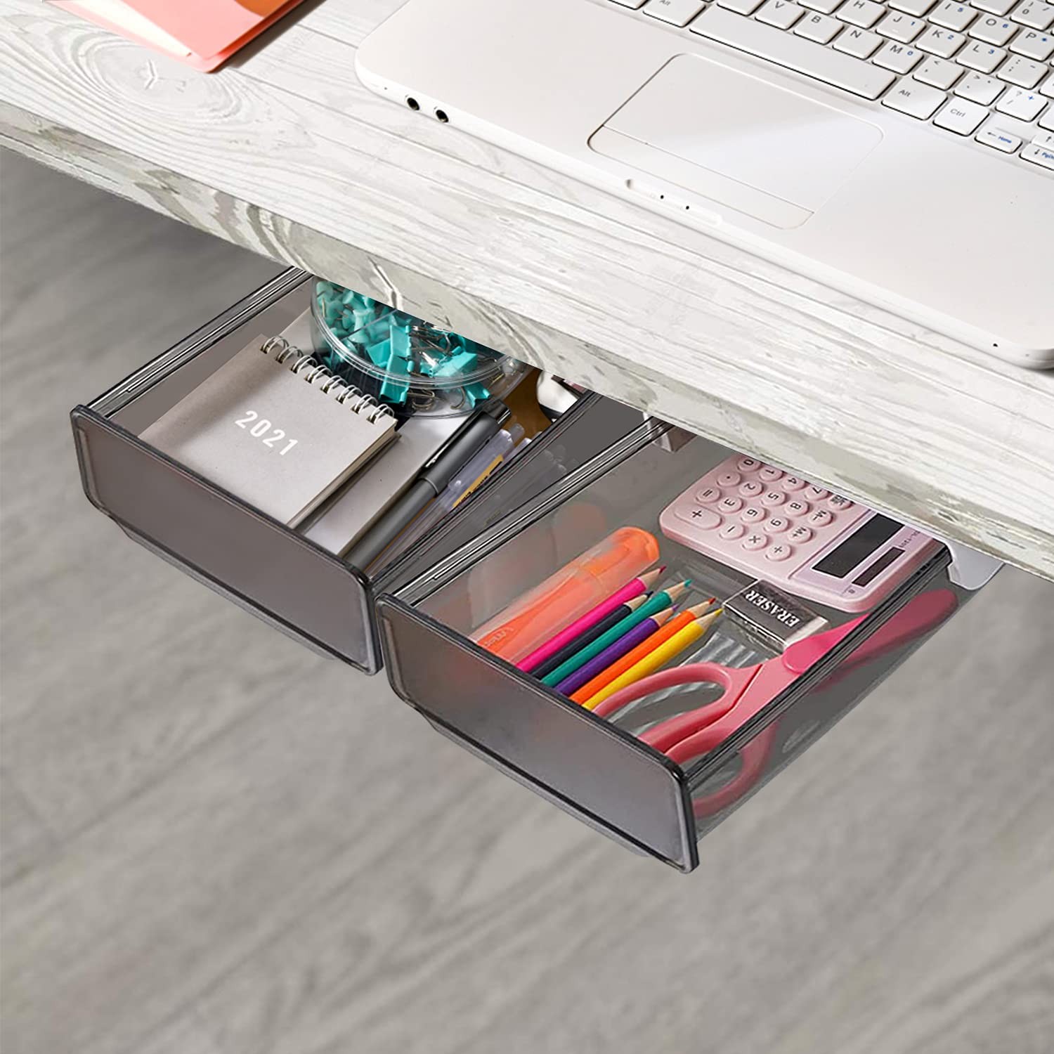 Self-adhesive Under Desk Drawer Organizer, 2 Pack Table Hidden Slide Out Larg…