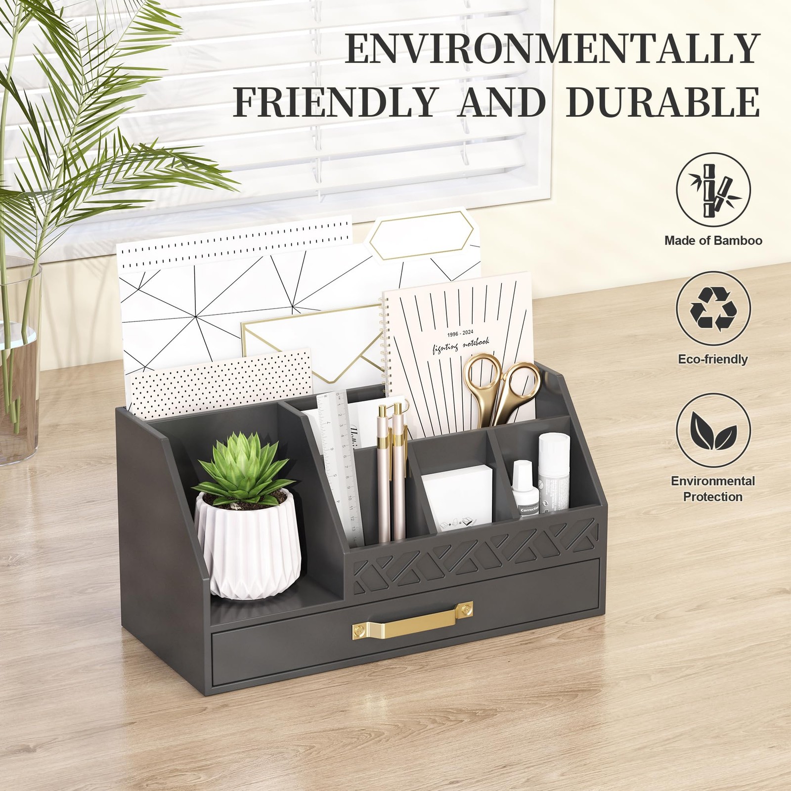 Wisuce Bamboo Mail Organizer Countertop with Drawers, Wooden Desk Black