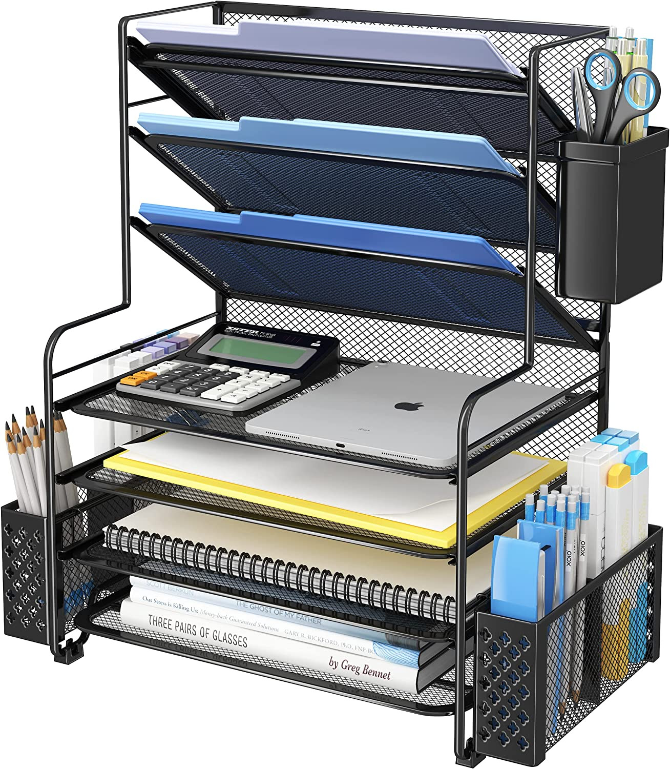 7 Tier Desk File Organizer Letter Tray Paper Holder with Pen Holder Black