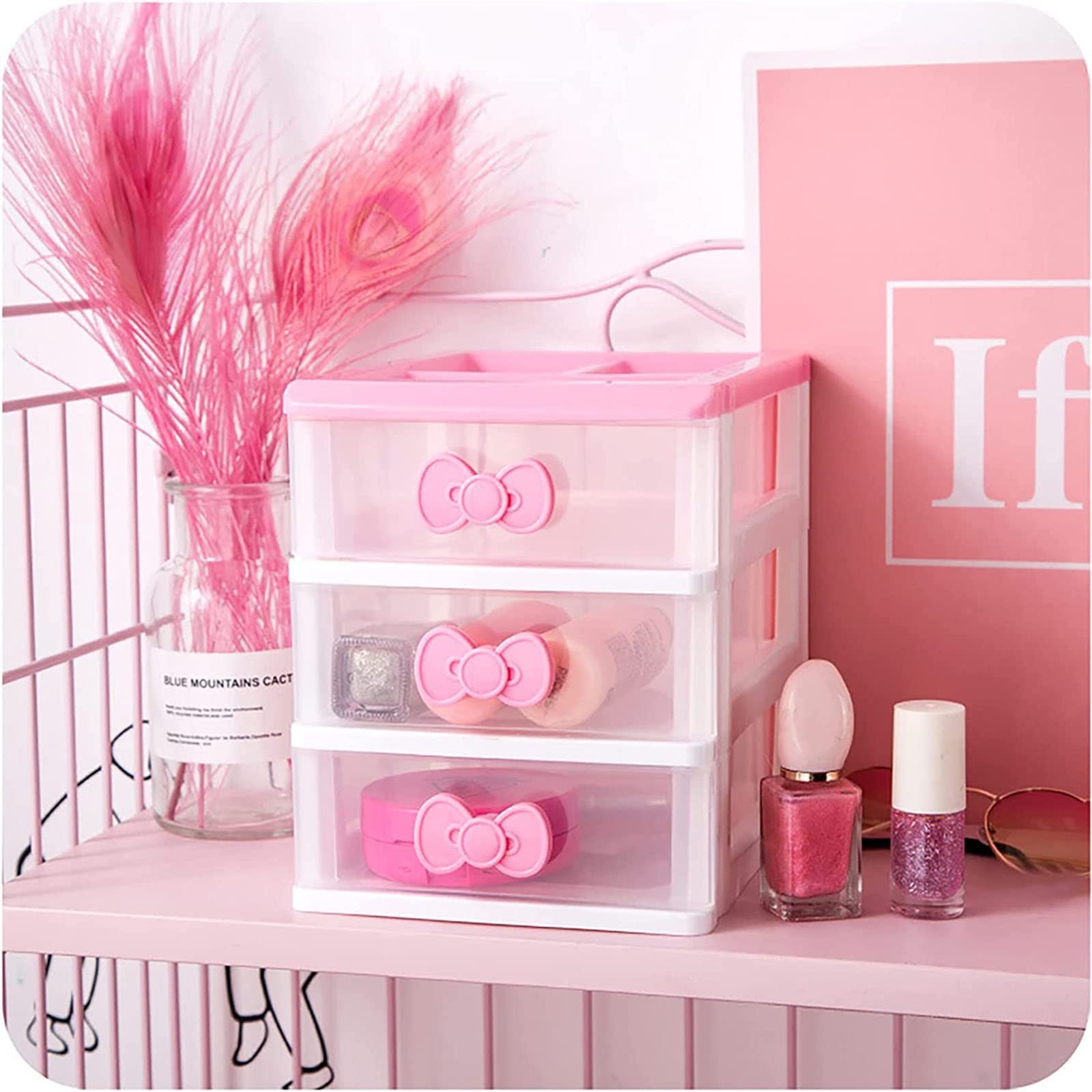 BxuxJar 3 Drawers Small Pink Plastic Organizer, Kawaii 3 Tire,
