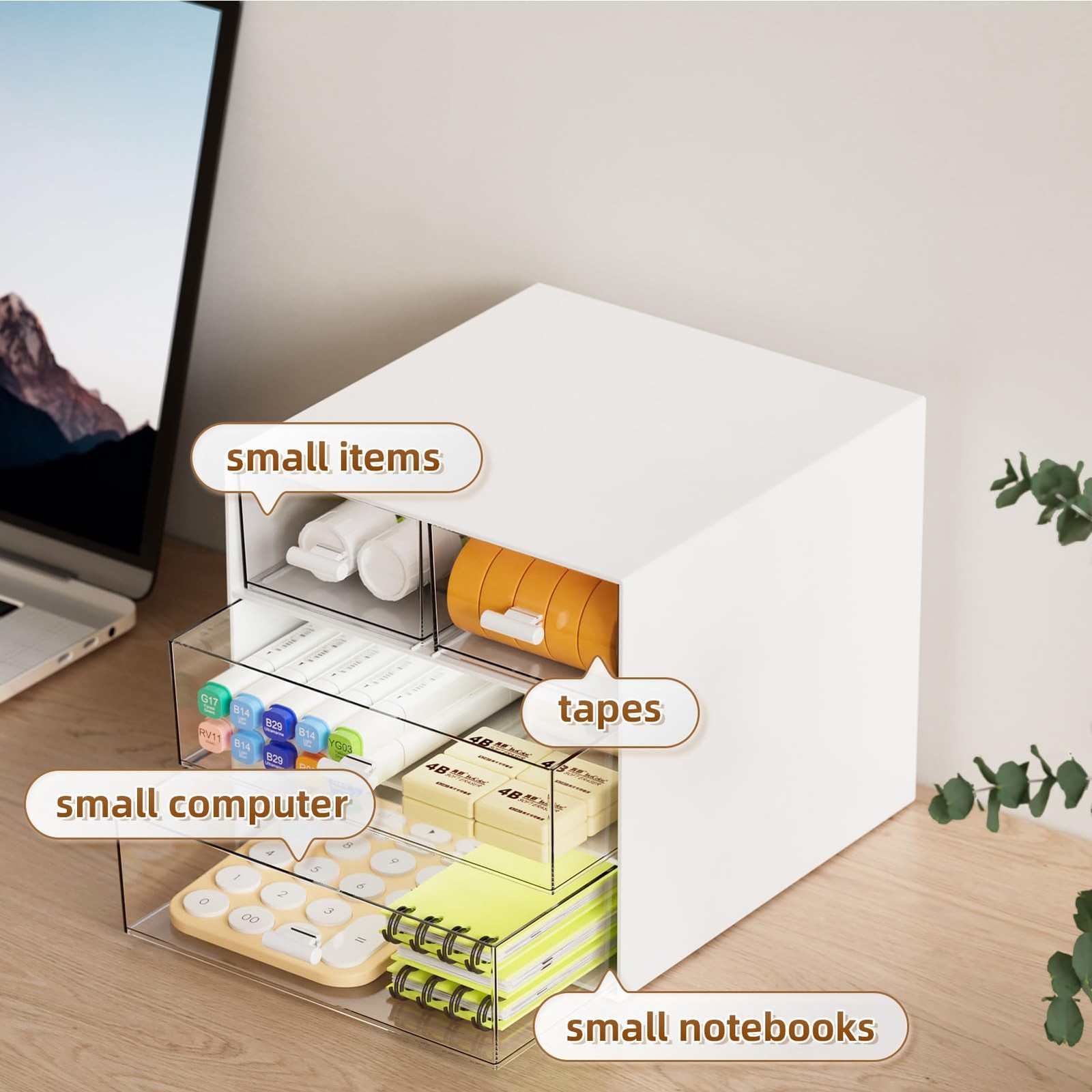Desk Organizer with 4 Drawers，Office Organization, Clear Plastic Desk Organiz…
