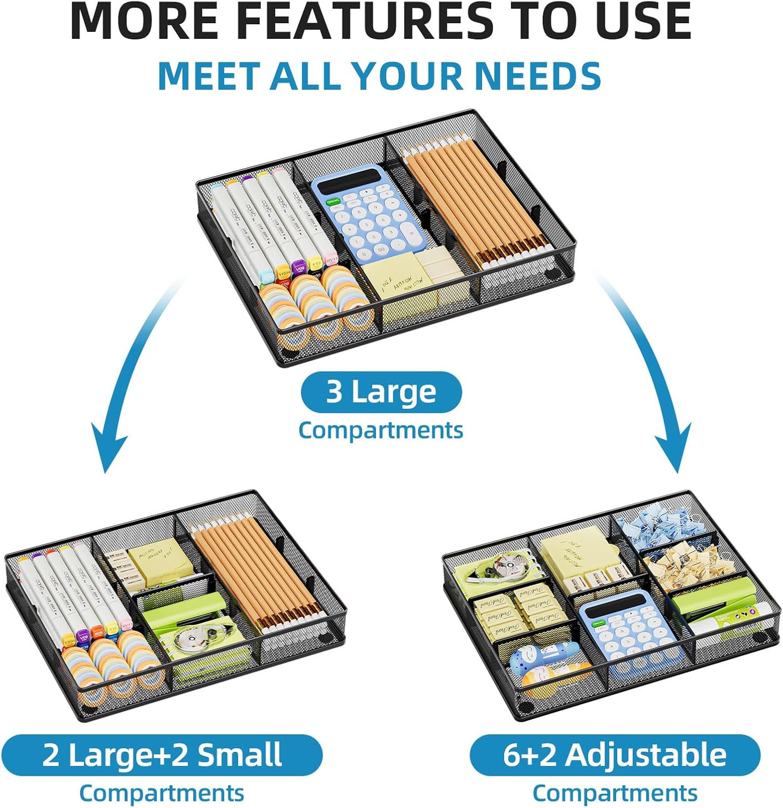 Desk Drawer Organizer Metal Mesh, Adjustable Compartments, Home Office Storage