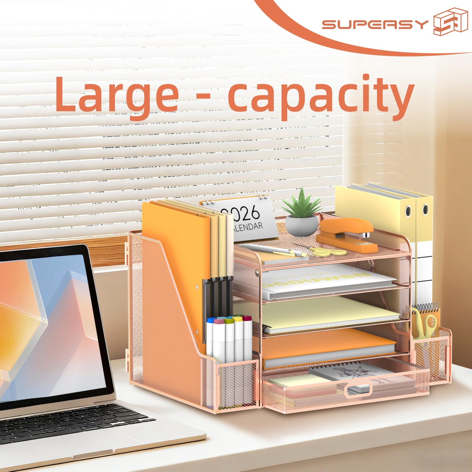 SUPEASY Mesh Desk Organizer with File Holder, 5-Tier Paper Medium, Rose Gold