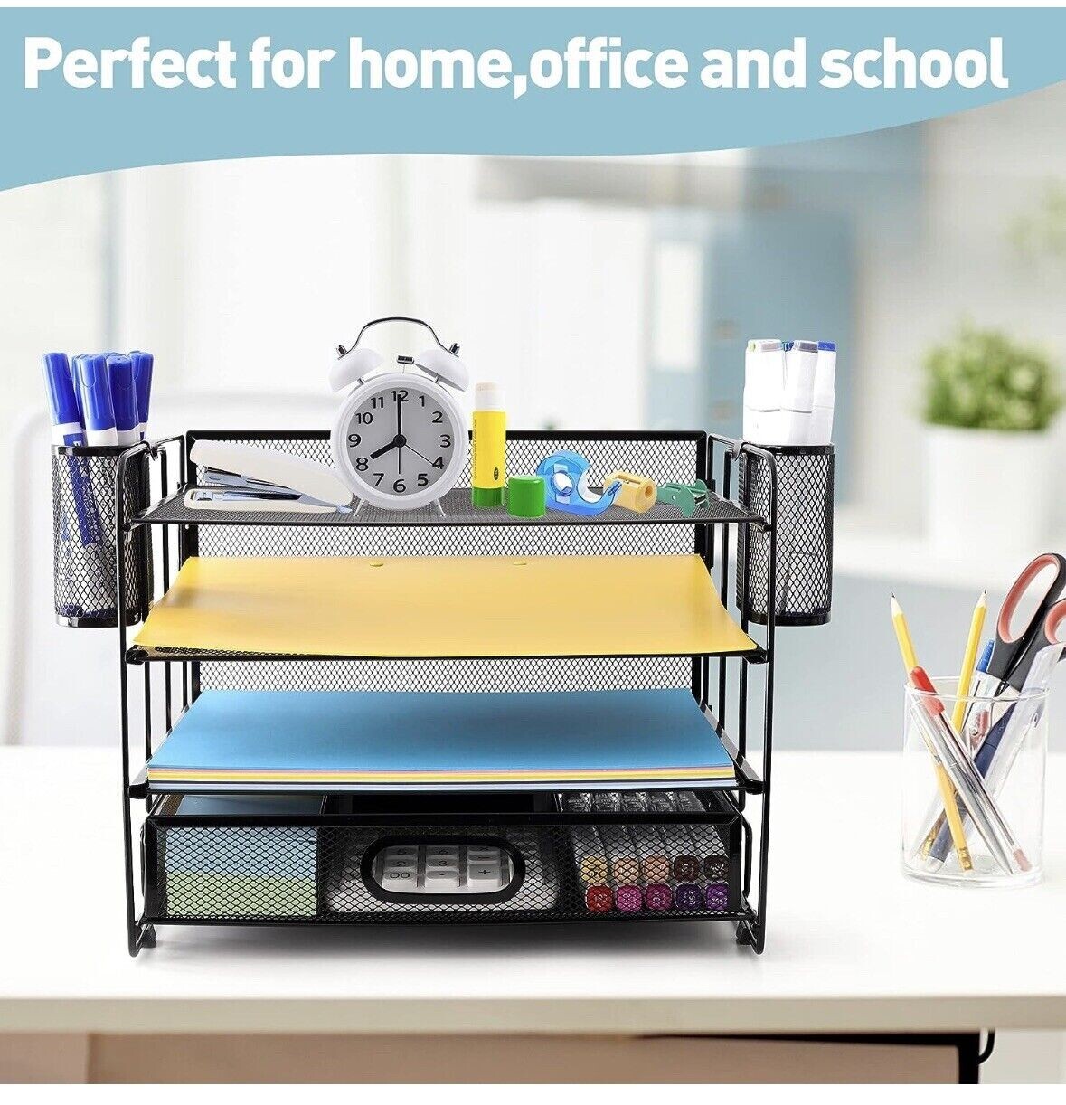 4 Tier Desktop Organizer w Two Pen Holders and Drawer, Office Organization