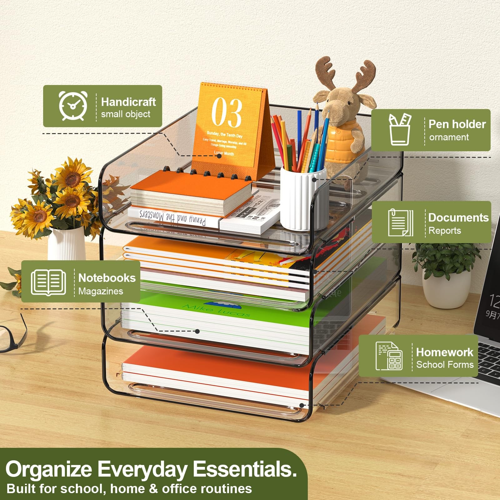 FANXIYQ 4-Tier Acrylic Paper Tray Organizer, Clear & Brown Stackable Desk Org…