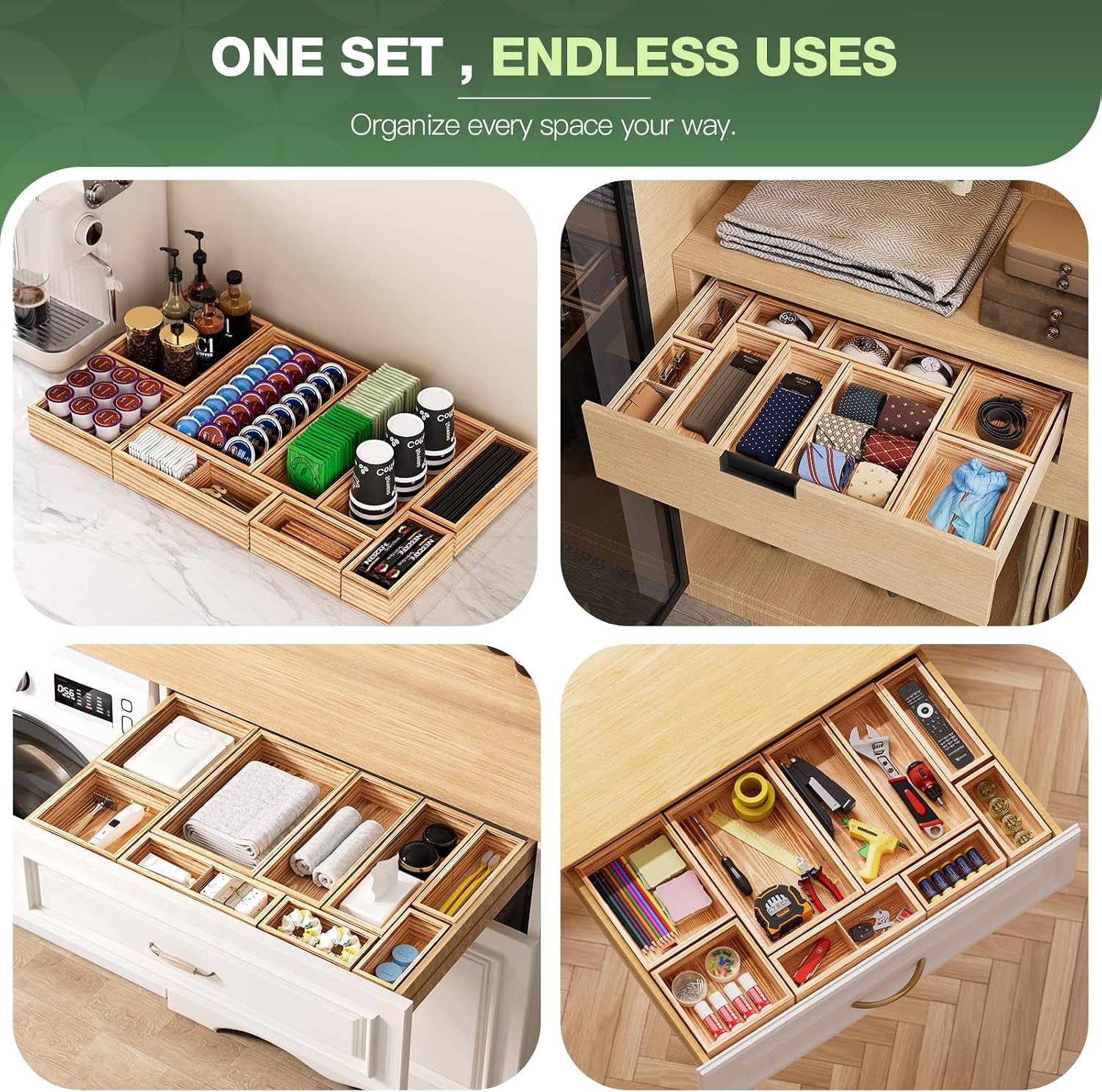 9-Pack Solid Wood Junk Drawer Organizer, Modular Desk Drawer Tray & Accessories