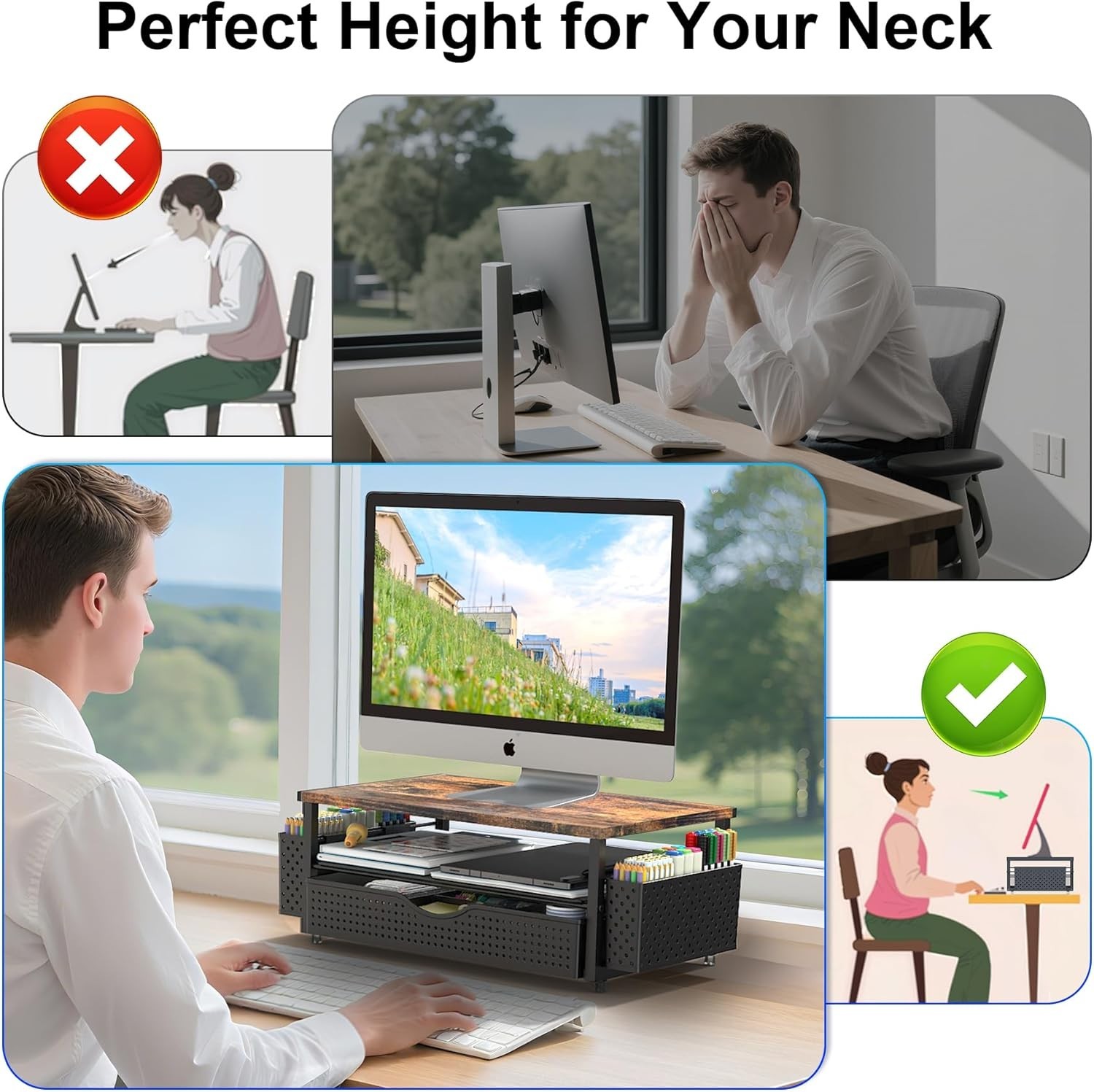 Ergonomic Computer Monitor Stand Riser & Stylish Desk Organizer with Drawer
