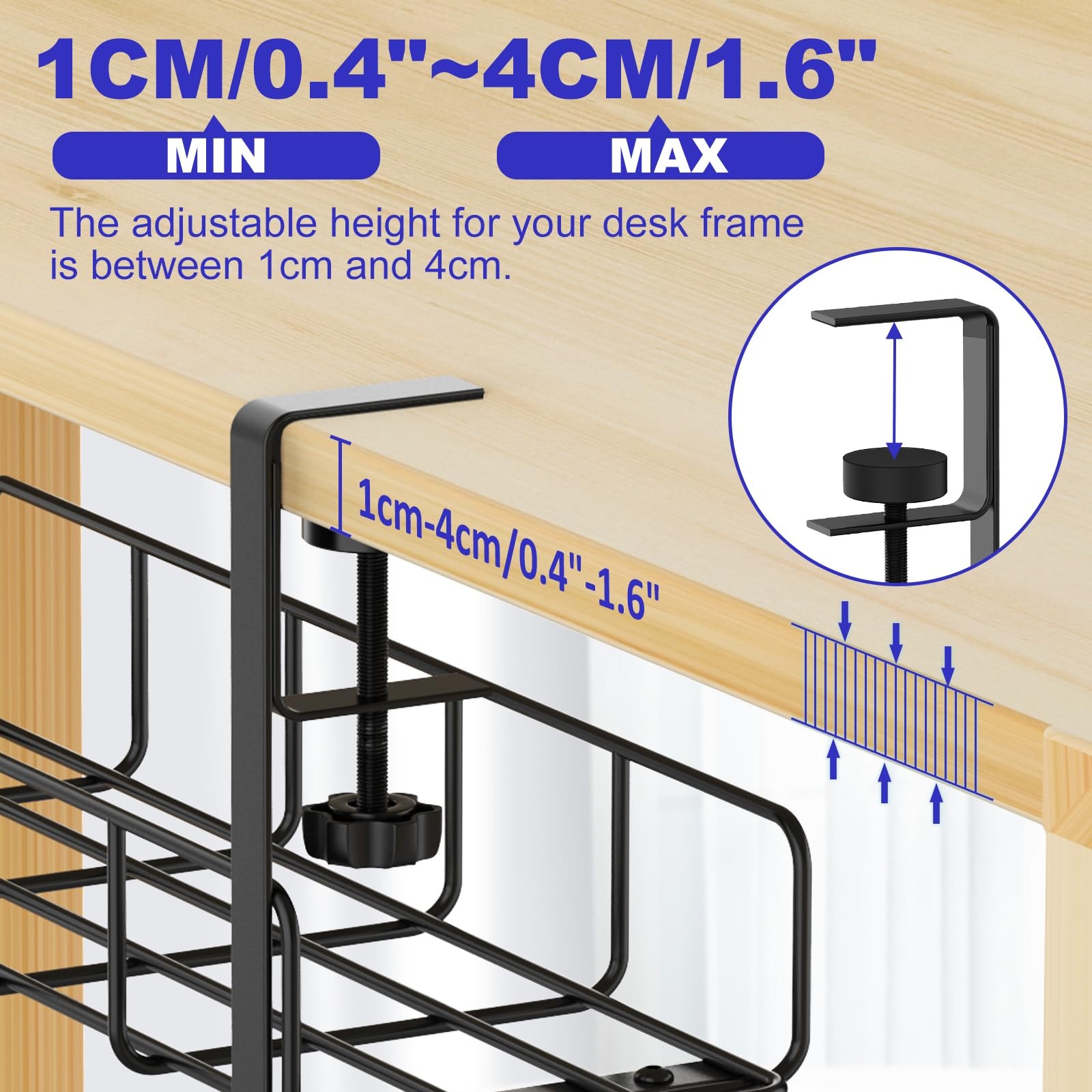 15.7” Under Desk Cable Management Tray, No Drill Steel 1 Pack, Black
