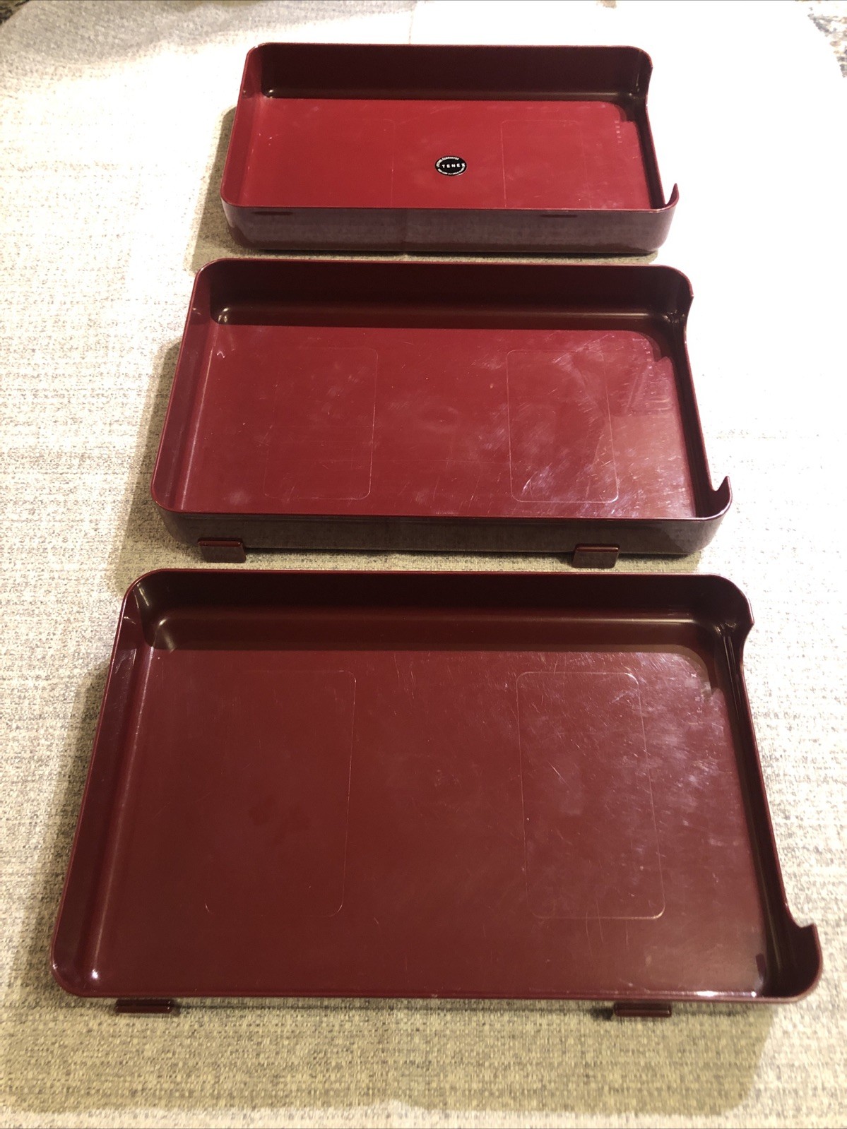 VTG 80s TENEX 200 Class Stacking Legal Size 3 Tier Office Desk Tray Set Burgundy