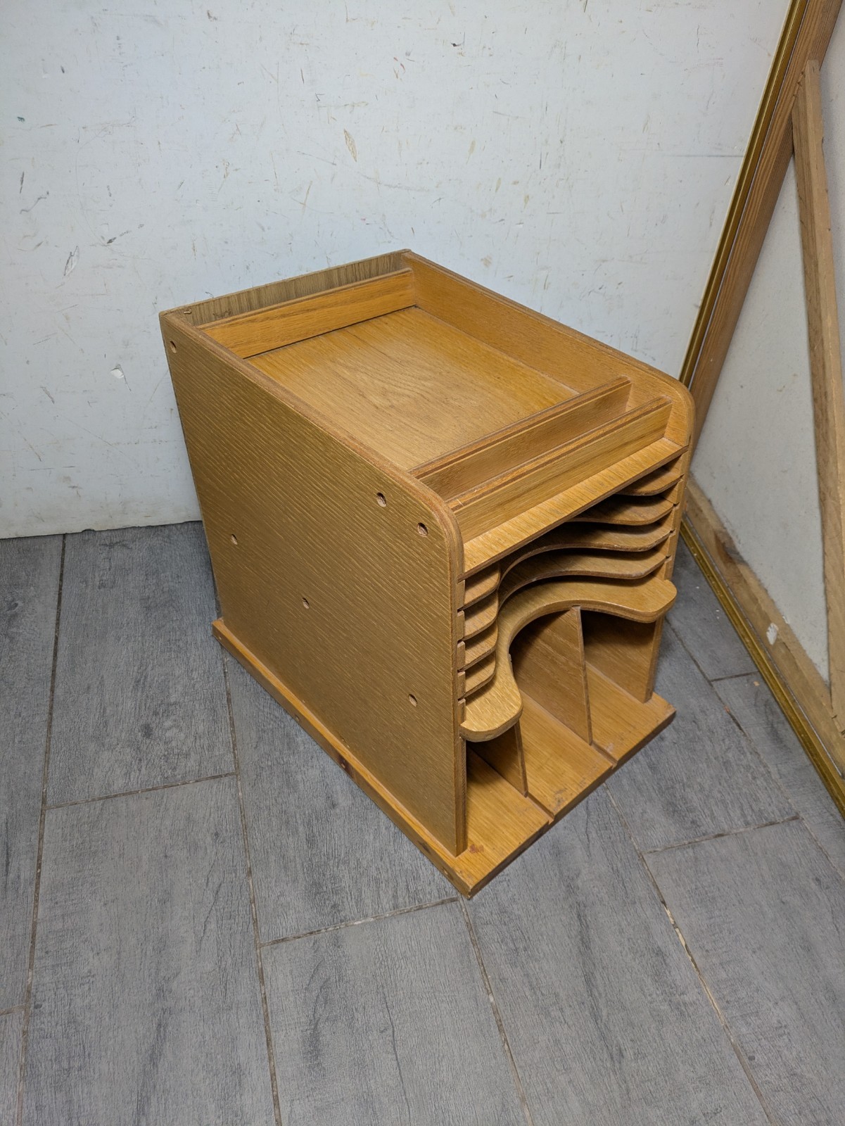 Vintage Rustic Oak Wood Desktop File Organizer Paper Mail Letter Sorter Tray M34