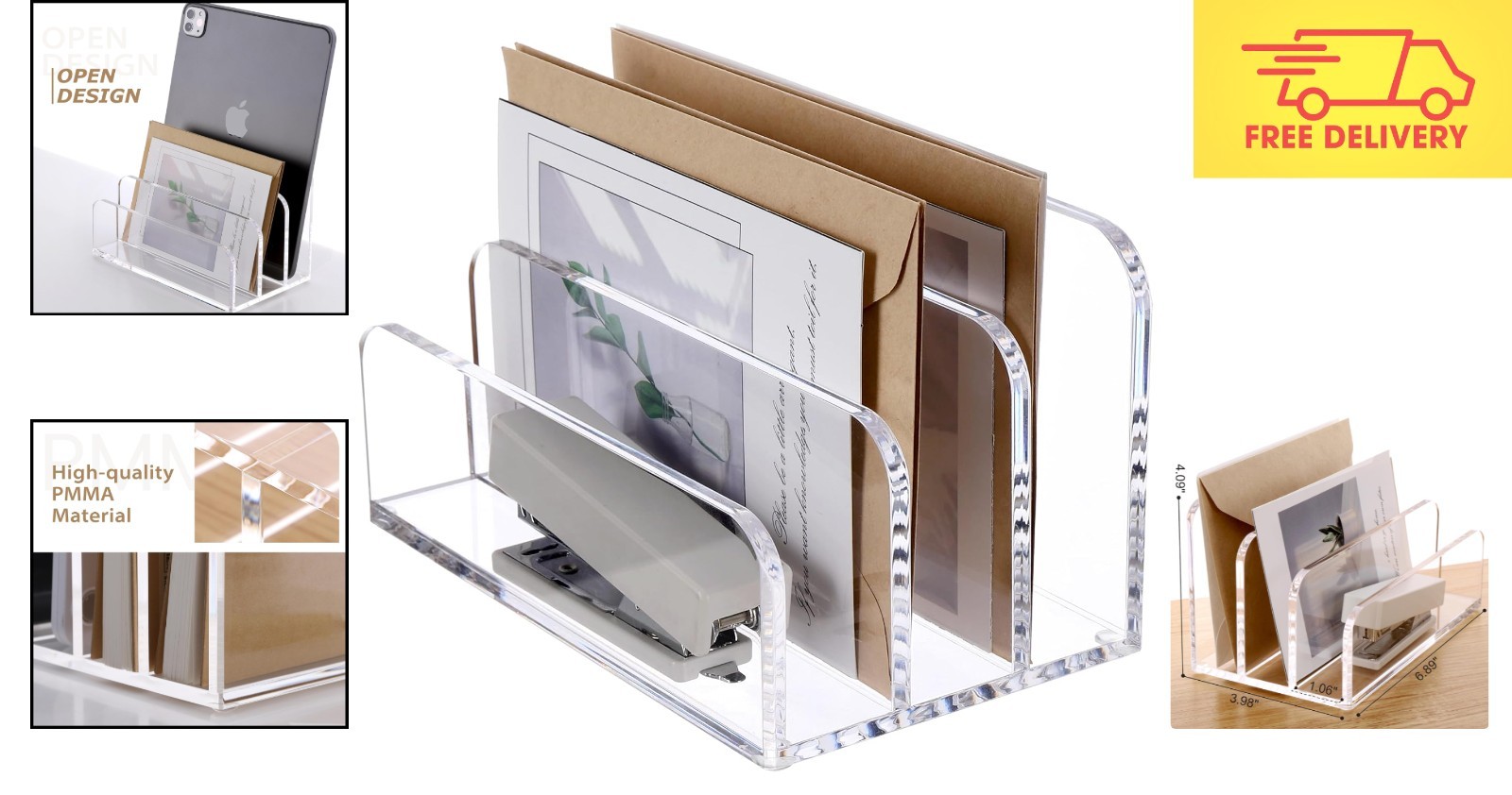 Elegant Acrylic Mail Sorter with 3 Laddered Compartments for Organized Desktops