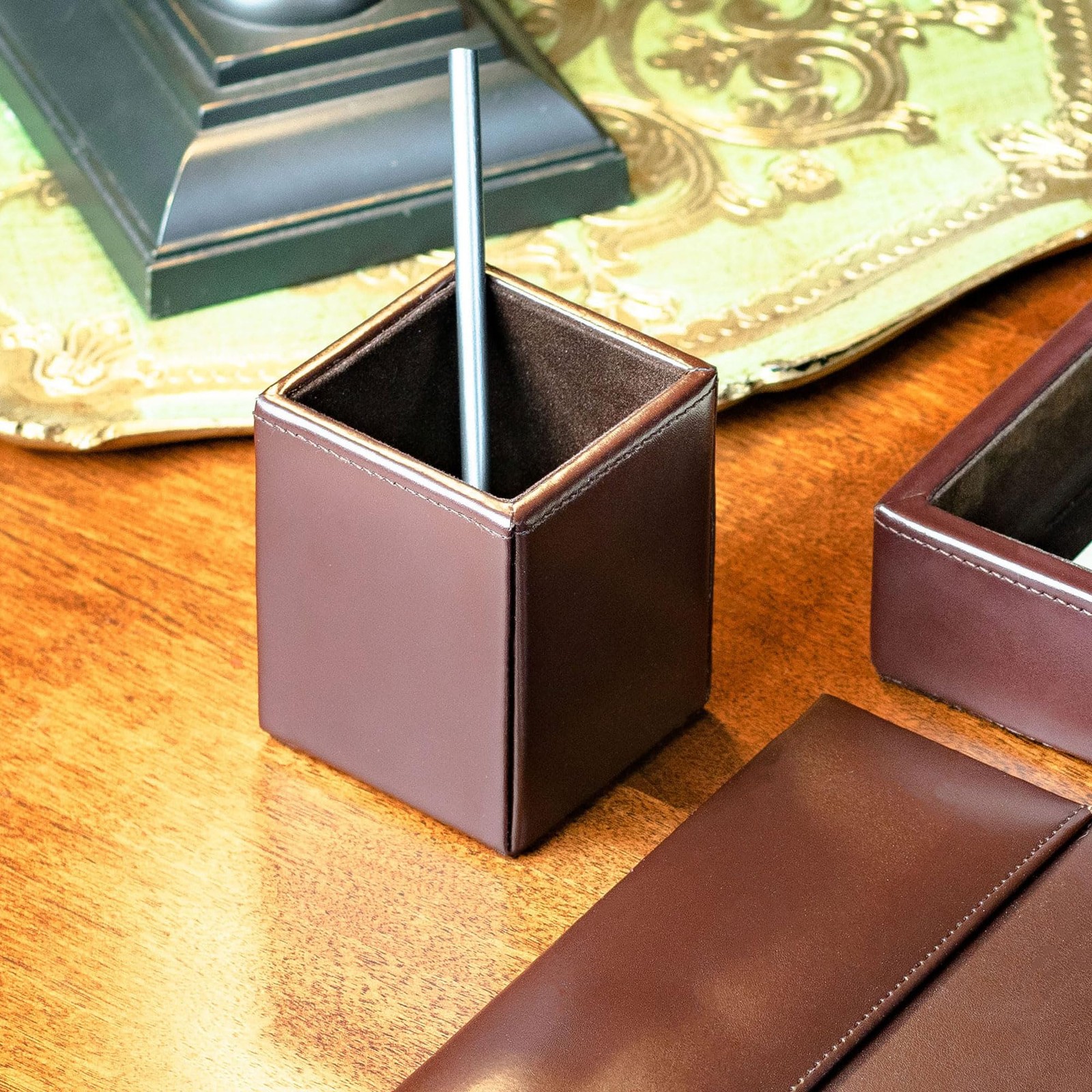 Dark Brown Bonded Leather Pencil Cup Holder Executive Decor Desk Accessory