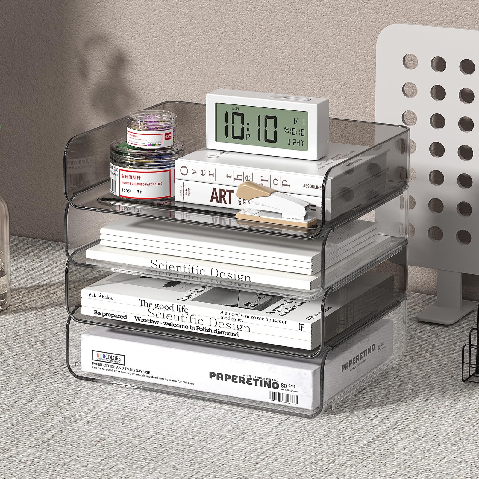 1 PCS Clear And Brown 4Tier Acrylic Paper Tray Organizer For Desk Stackable