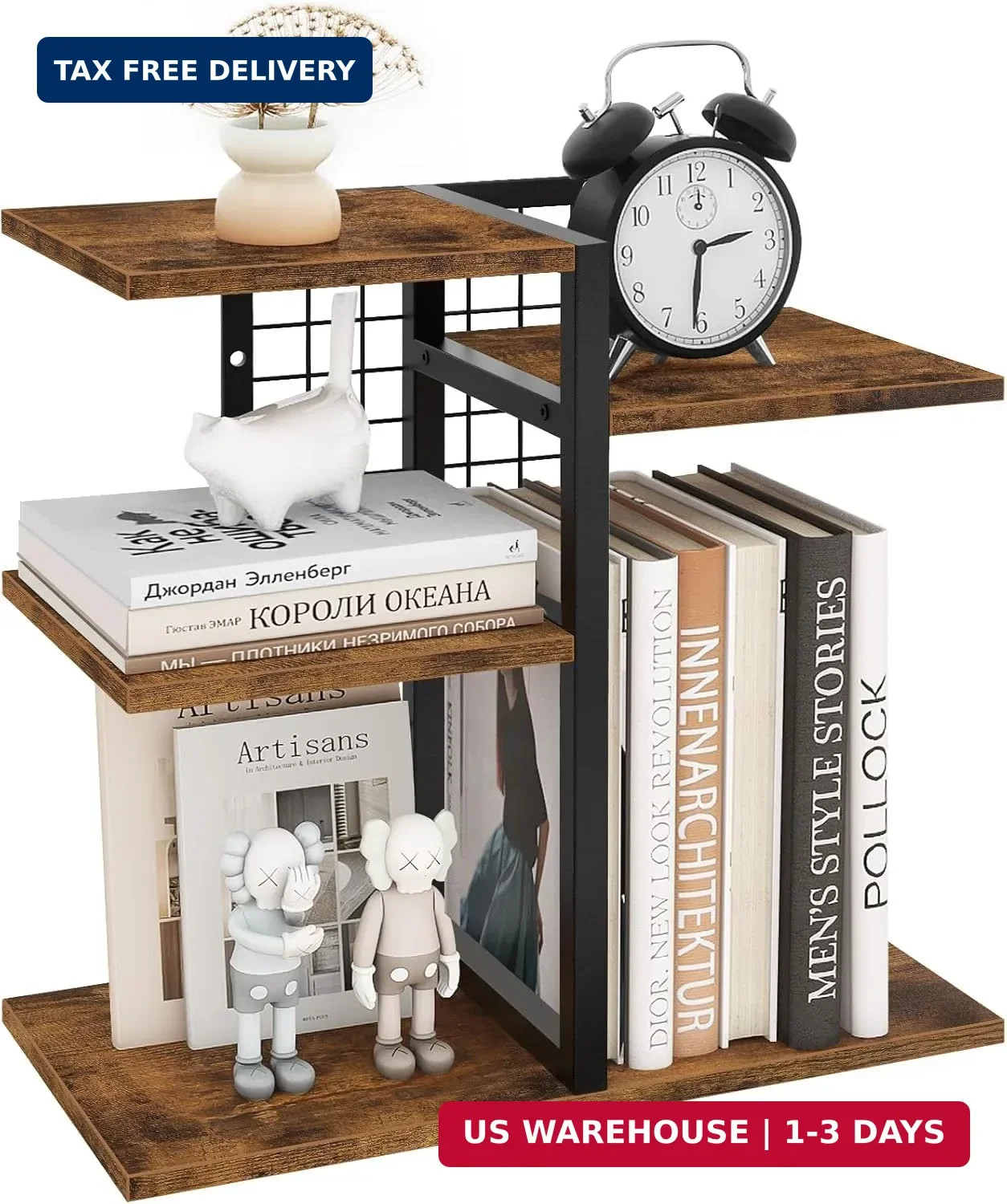 ELITEROO Desktop Shelf Organizer, 4-Tier Wooden Desk Bookshelf, Small Tabletop B