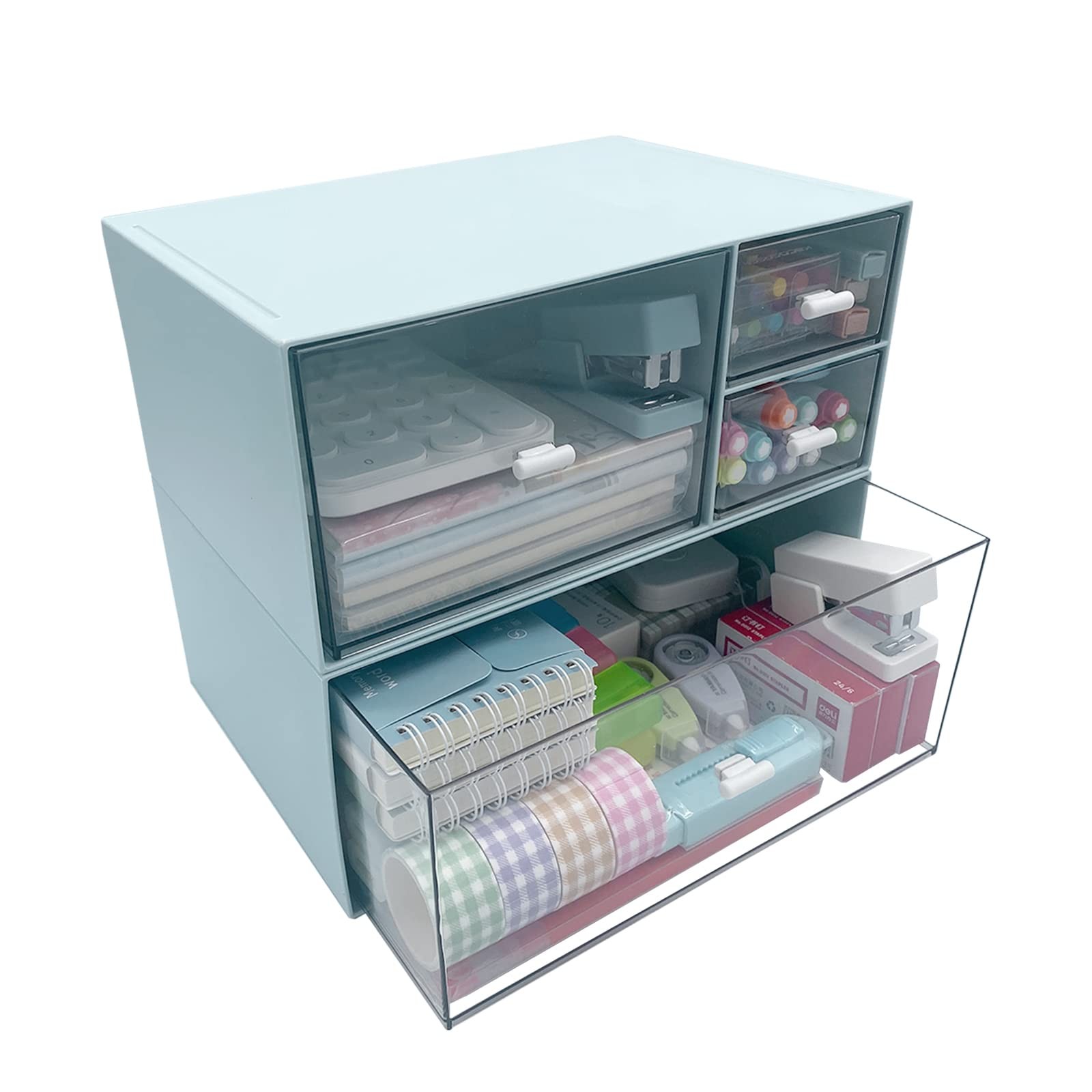 Marknor Desk Organizer with 4 Drawers, Makeup Organizer, Plastic Blue