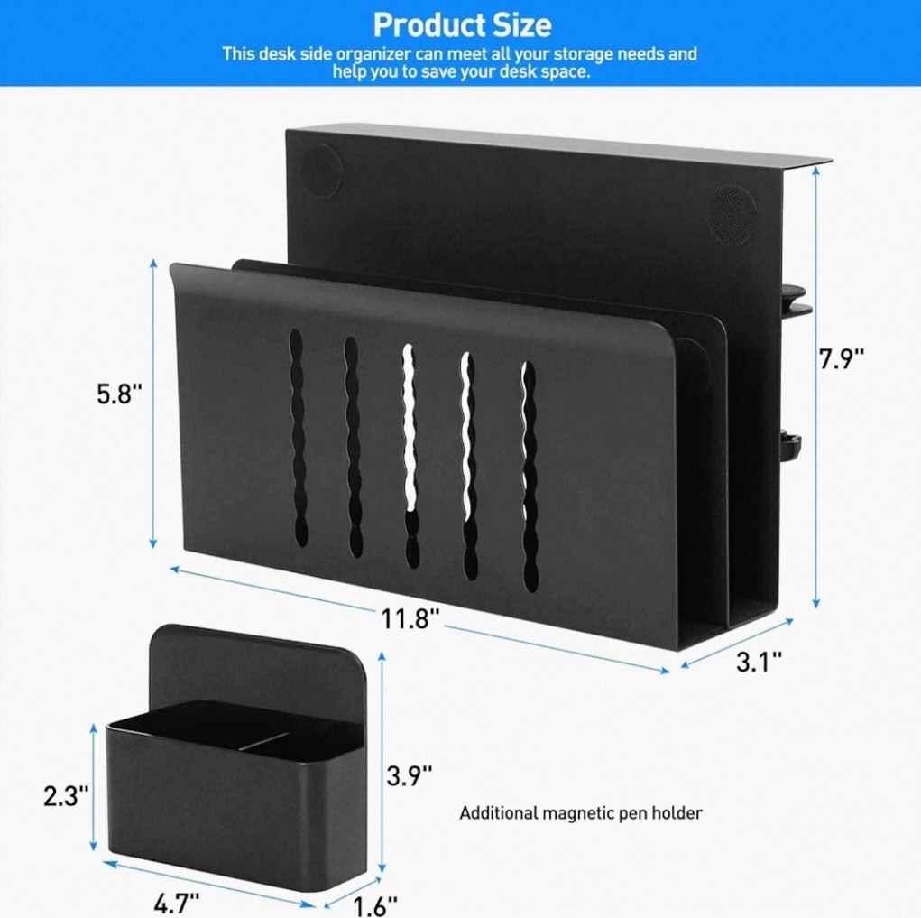 Desk Side Storage, Under Desk Laptop Mount, Clamp On Cable Magnet Tray, Black