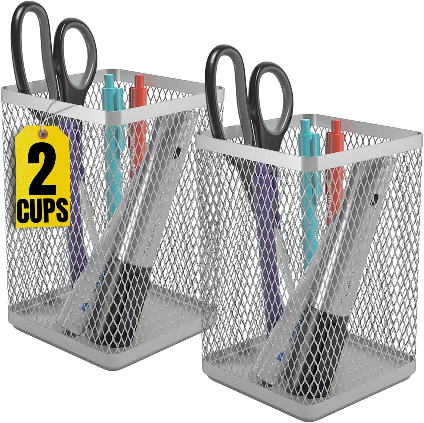Large Pen Holder, Big Tall Pencil Cup, Silver Wire Mesh ”2 Pack”