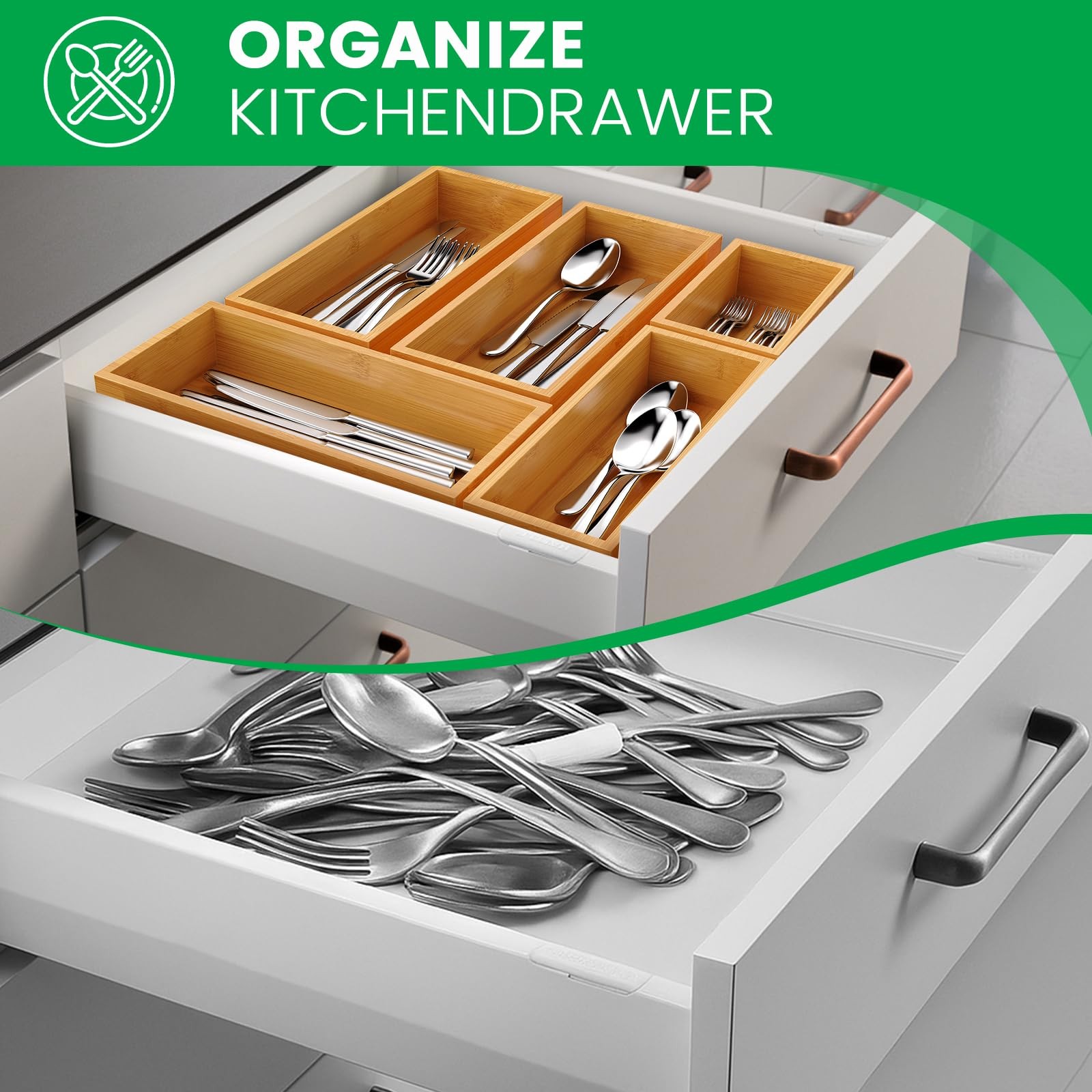 5Piece Bamboo Drawer Organizer Set Storage Trays Kitchen Bathroom Utensils