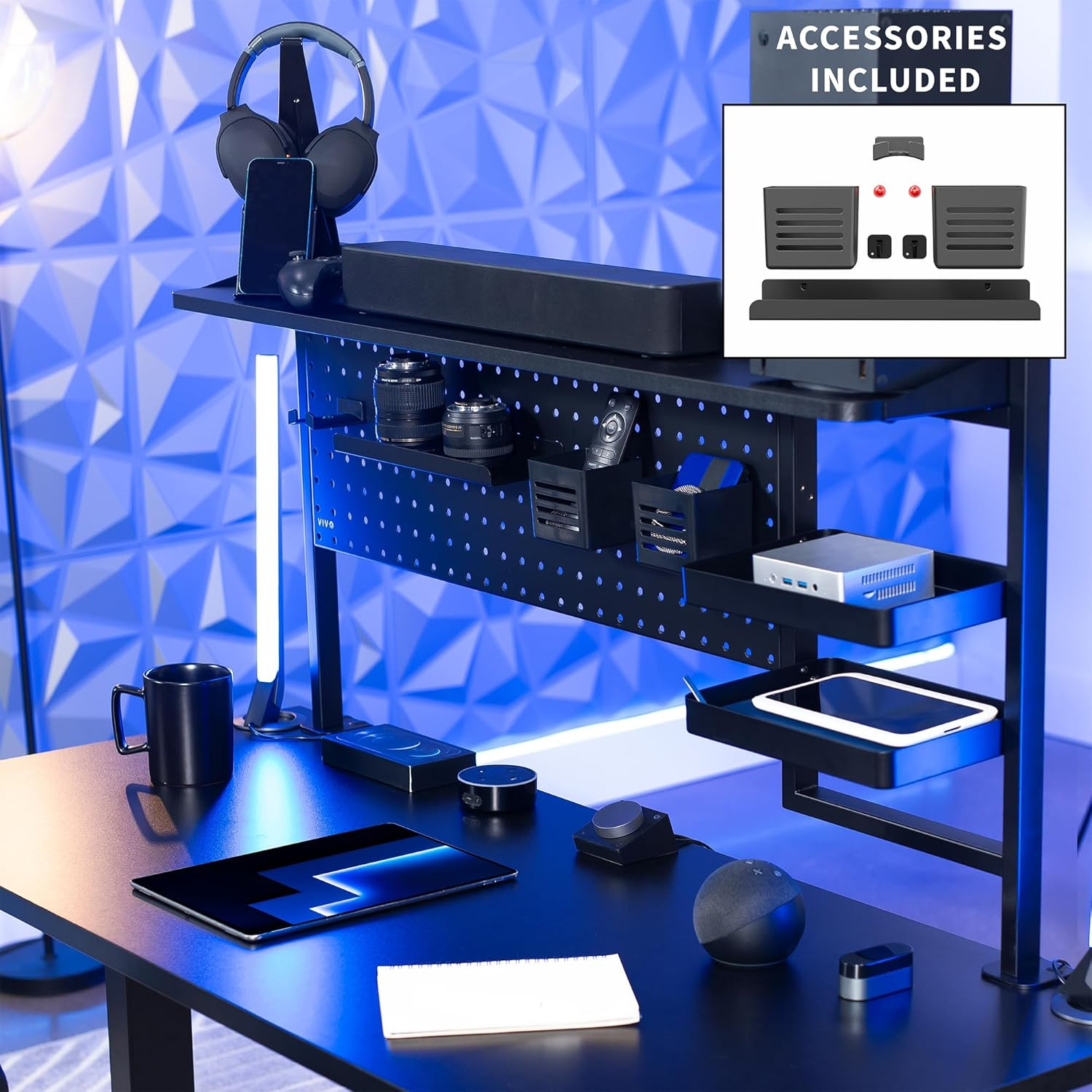 VIVO Steel Clamp-On 46 X 25 Inch Desk Pegboard System with Storage Shelf and Acc