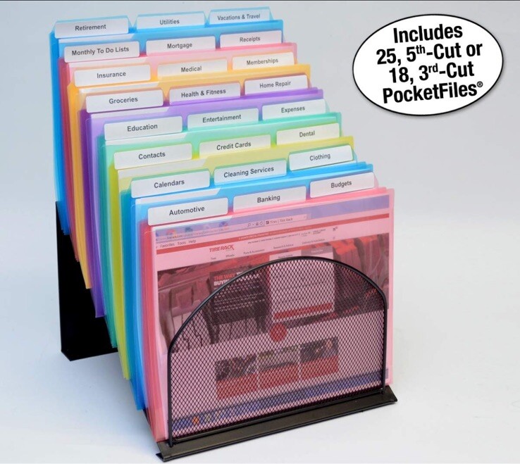5-Slot Inclined Wire Mesh Desktop Organizer StepUp File Desk Rack W/ PocketFiles