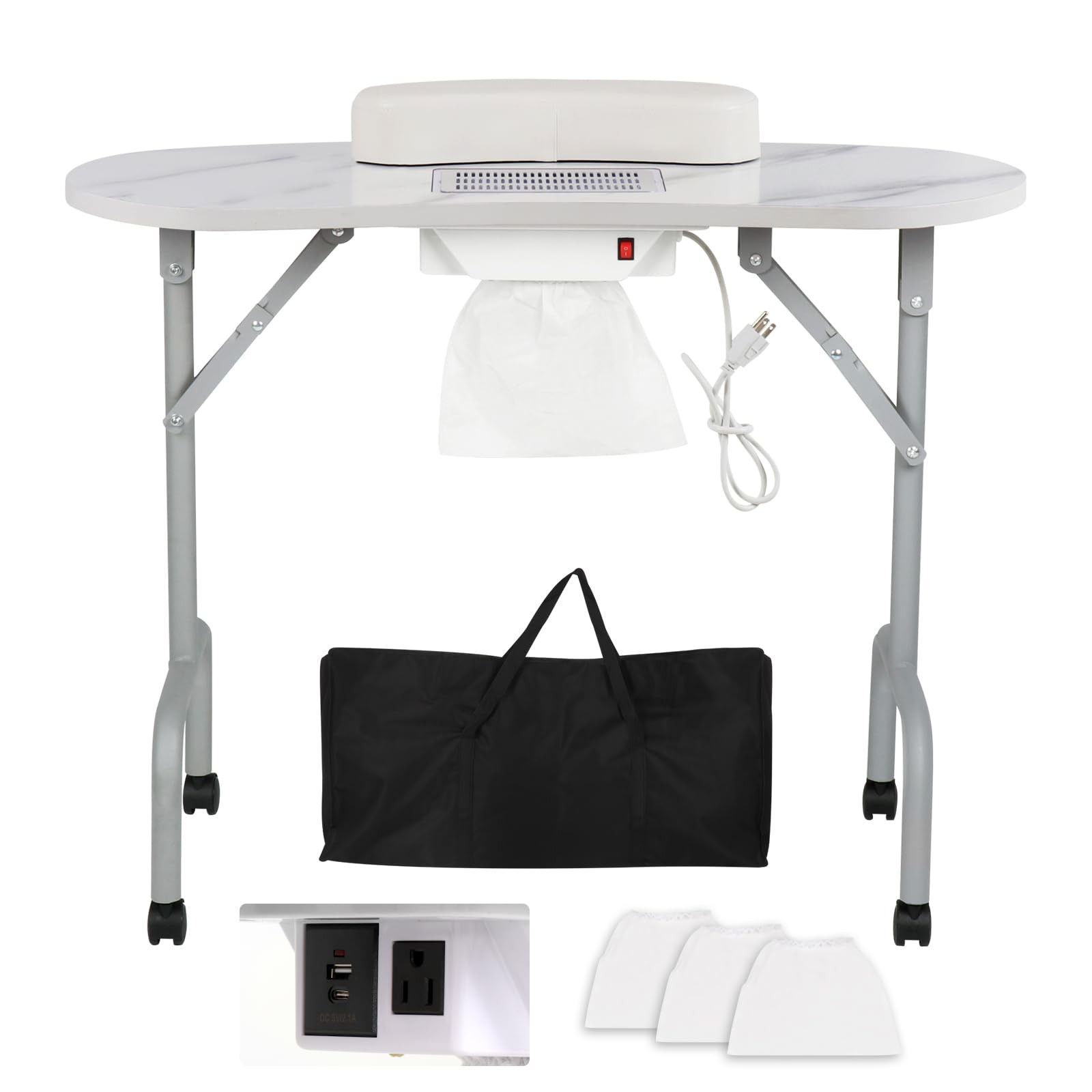 AGESISI Portable Manicure Table 35.43″L x 14.5″W x 27.95″H, White Marbled