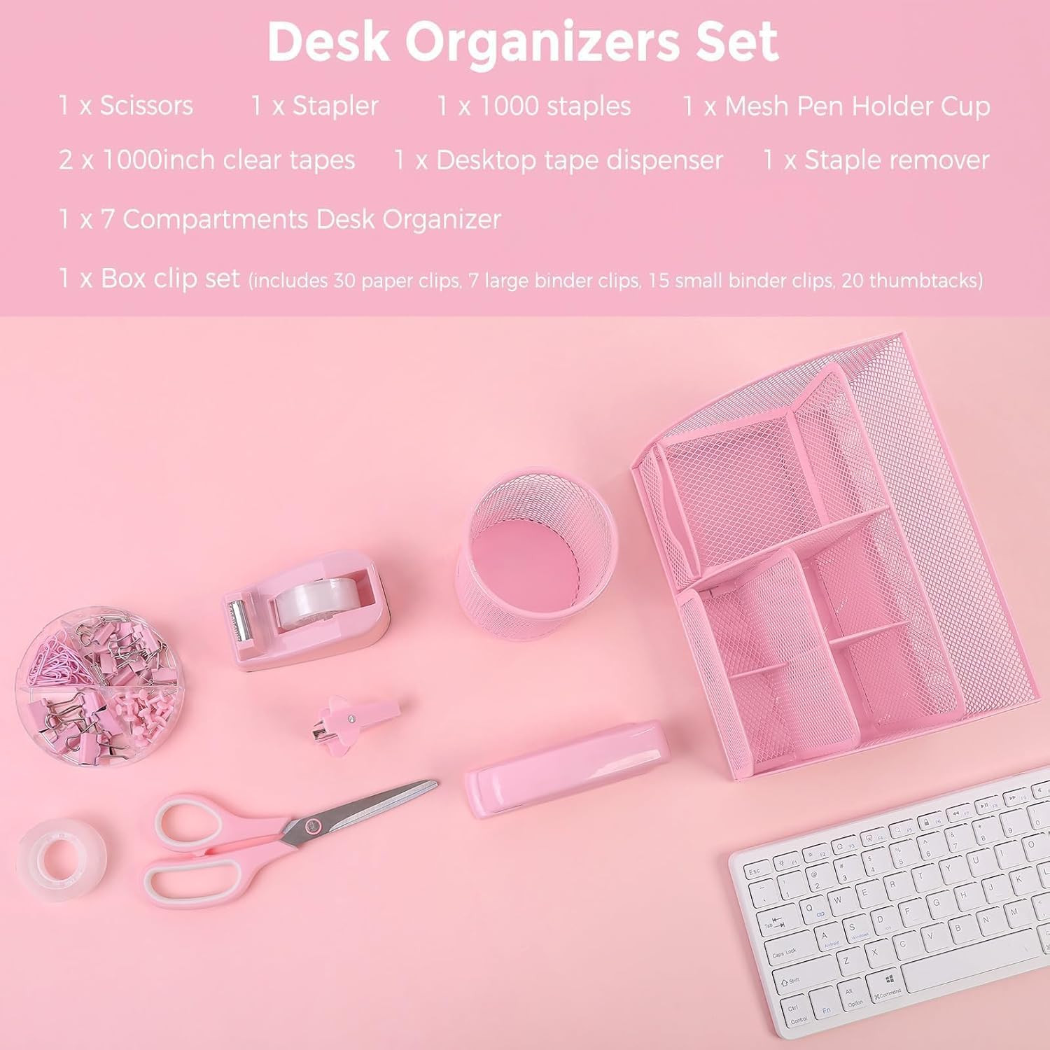 Pink Desk Accessories, Pink Office Supplies Set, Mesh Desk Organizer, Stapler, T