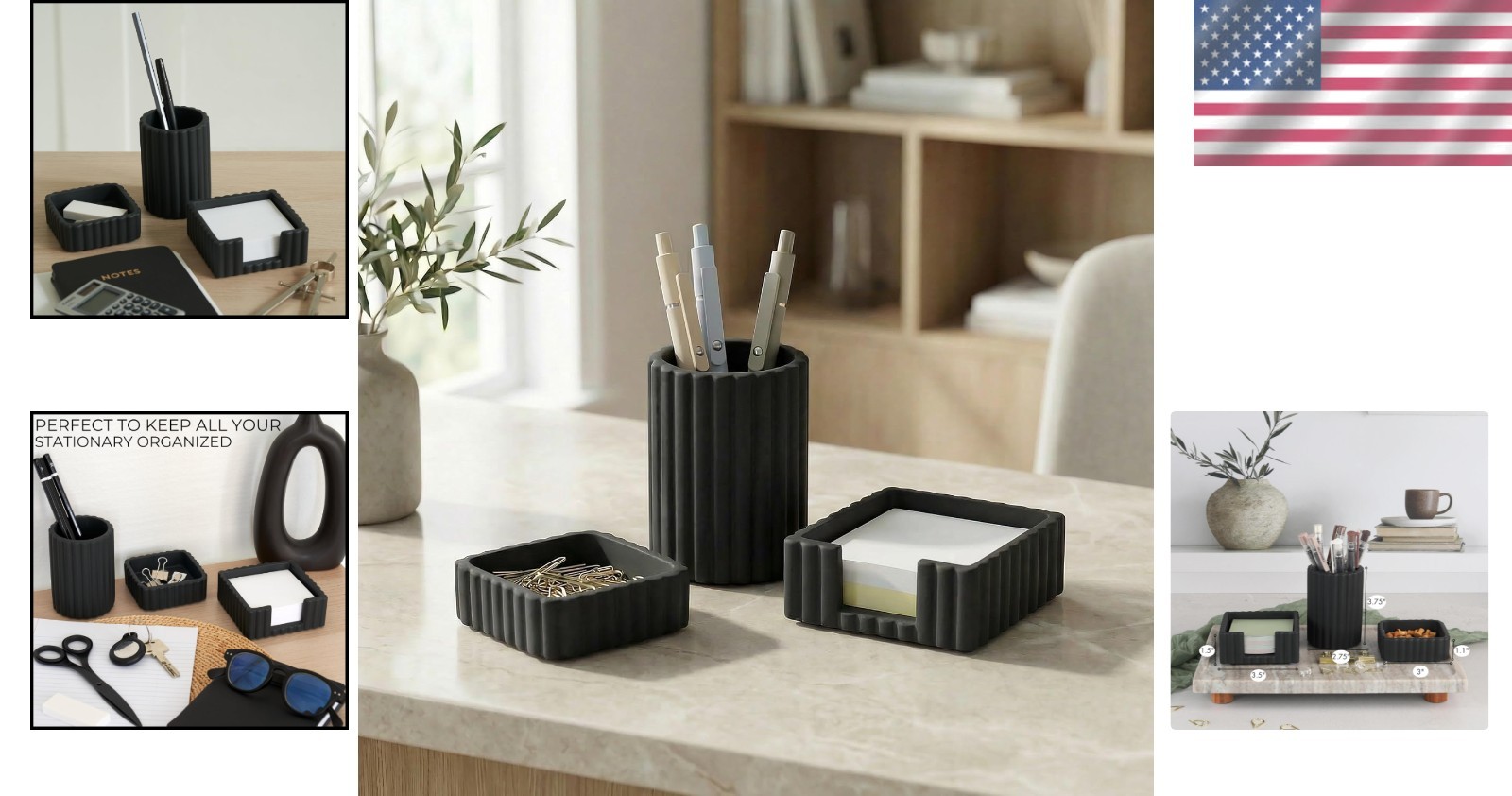 Modern Concrete Desk Organizer Set for Pens & Supplies – Black Brushed Finish