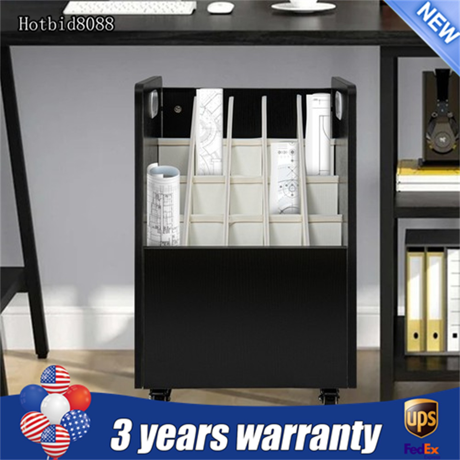 20-Slot Mobile Rolling Blueprint Roll File Cart Modern Document Organizer Black
