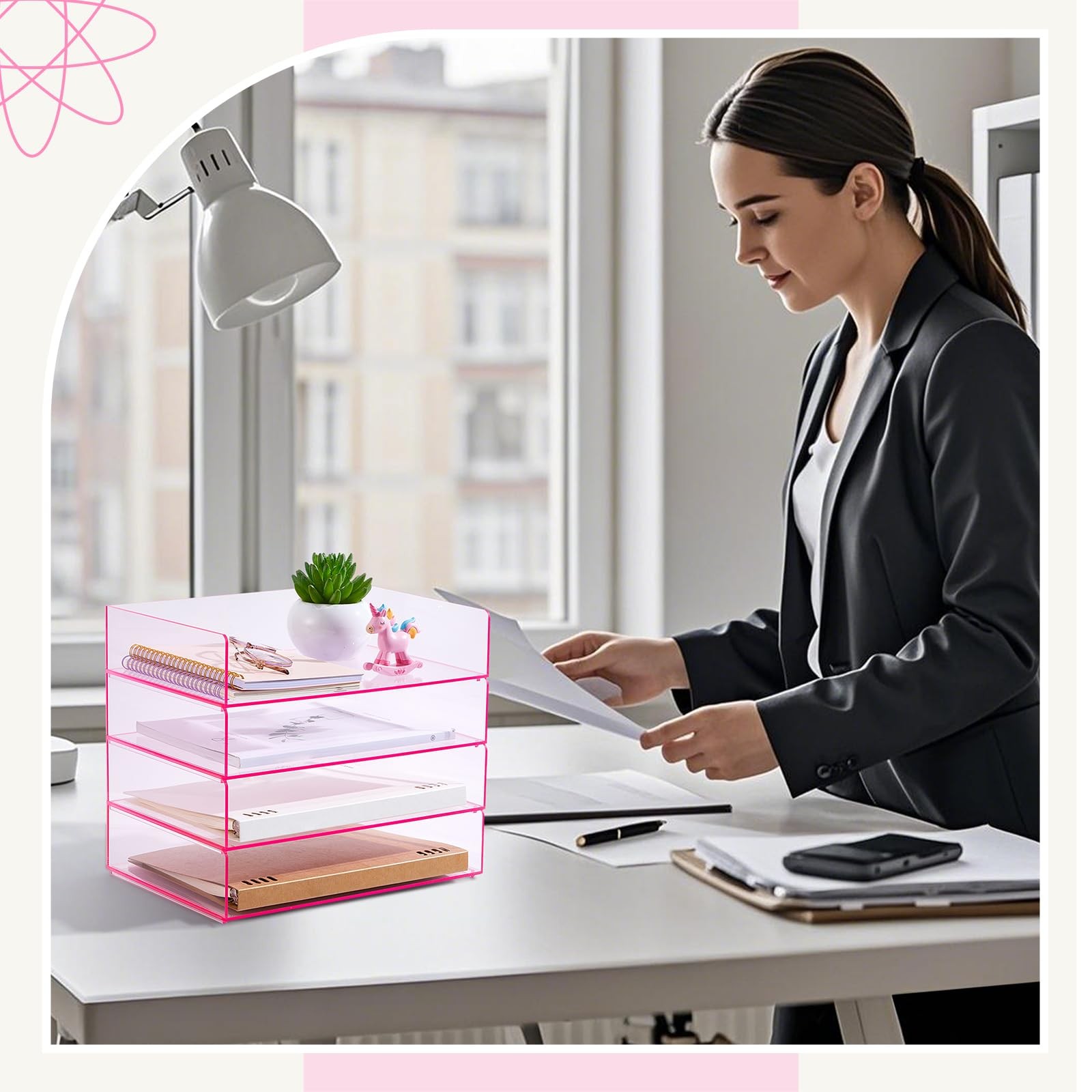 4 Tier Pink Acrylic Desk File Organizer Stackable Letter/A4 Paper Tray Home