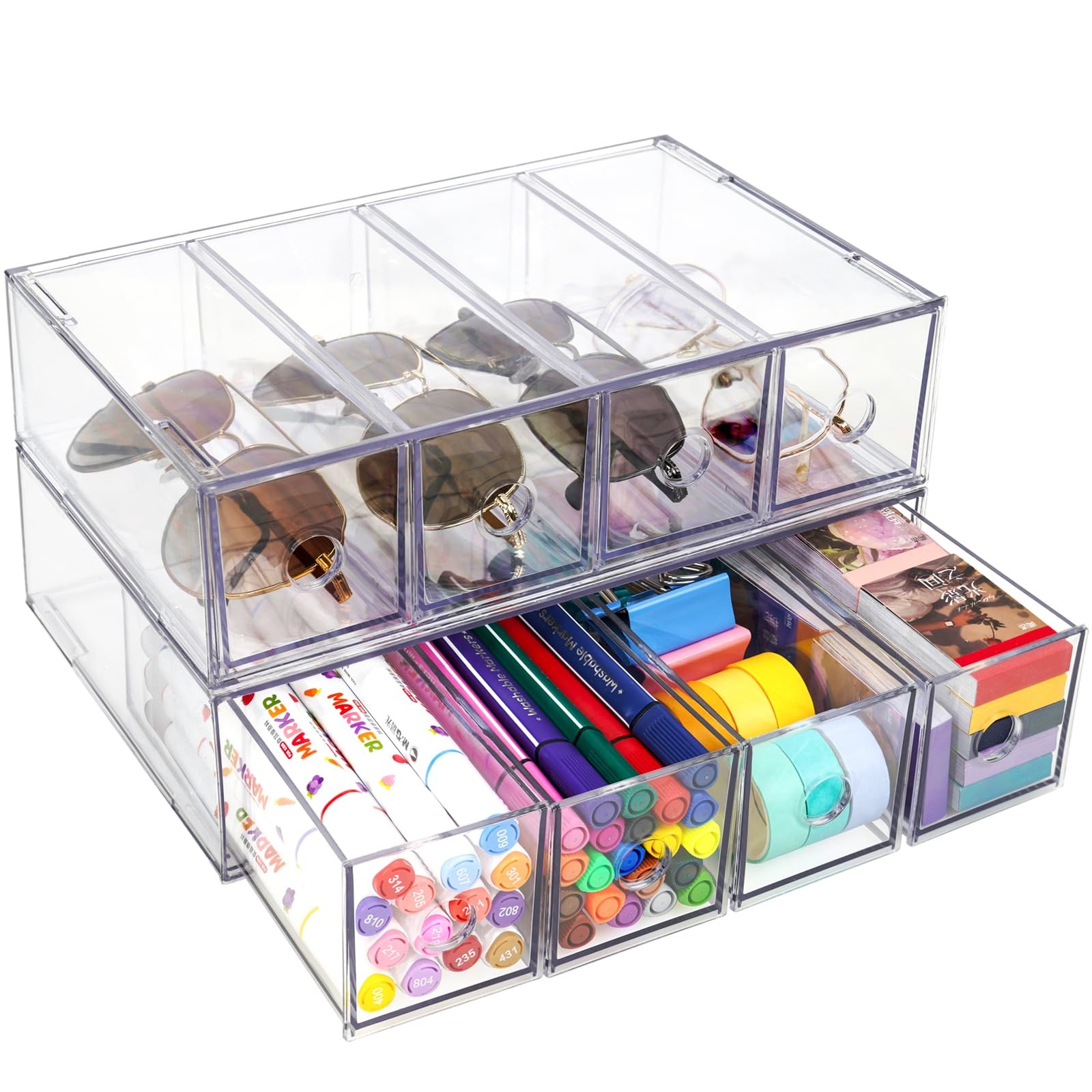 Desk Organizer with 8 Drawers, FODIENS 2 Packs Stackable Desktop Transparent