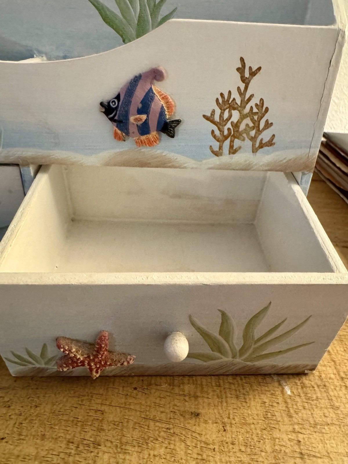 Coastal Beach Theme Tiered Wood Desktop Organizer Hand painted Ocean Fish