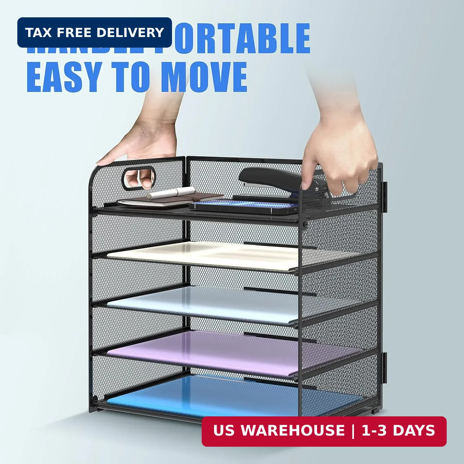 Supeasy 5 Trays Paper Organizer Letter Tray with Handle-Mesh Desk File Holders,