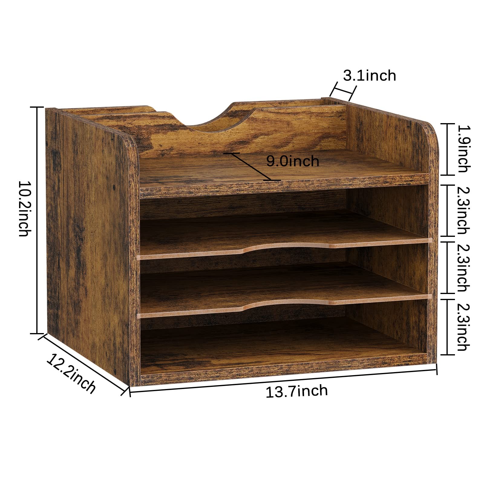 Vintage Wood Desktop File Organizer, 3Tier Paper Mail Tray, Rustic Brown