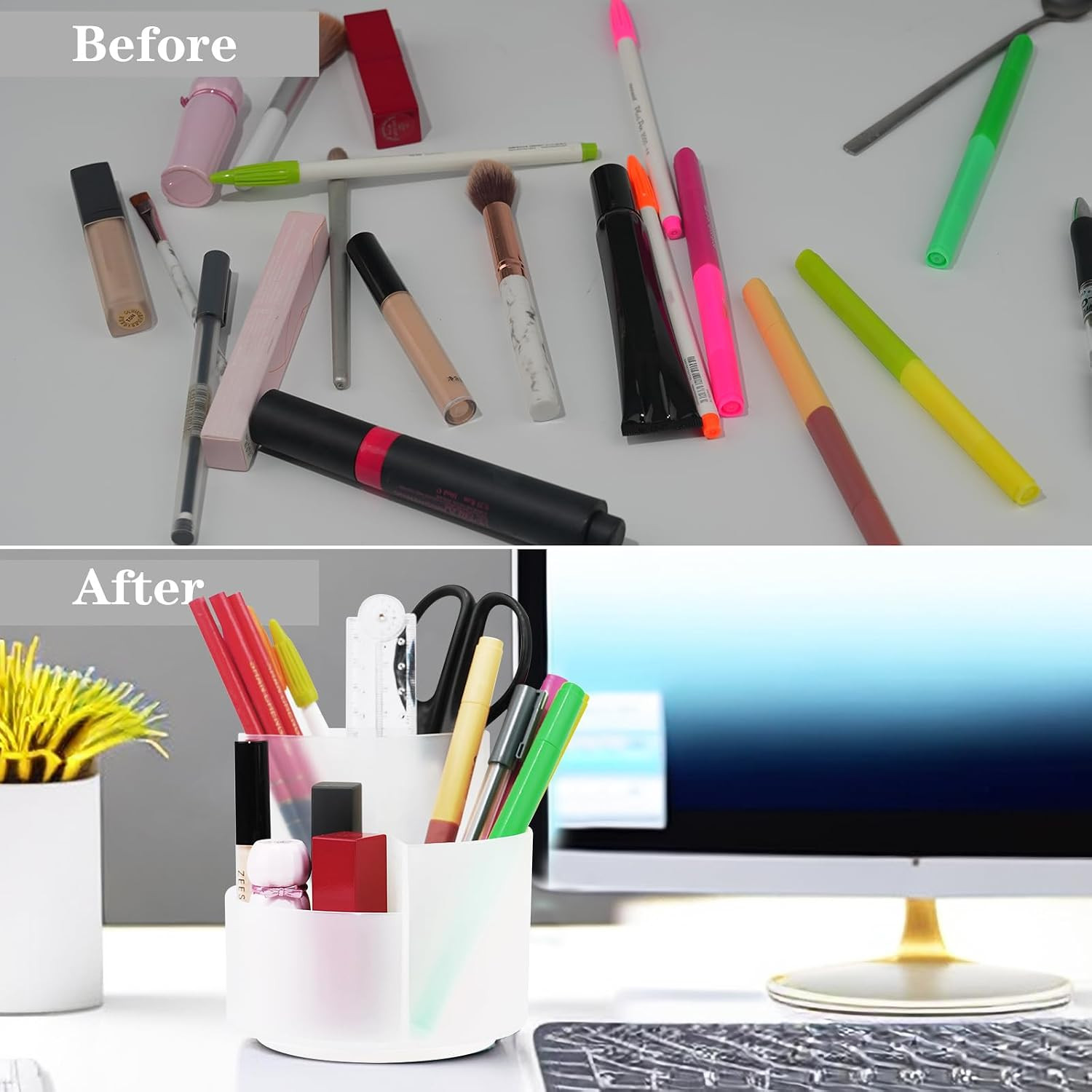 Desk Pen Holder, 3 Slots 360-Degree Rotating Desktop Storage Organizer, Desk Acc