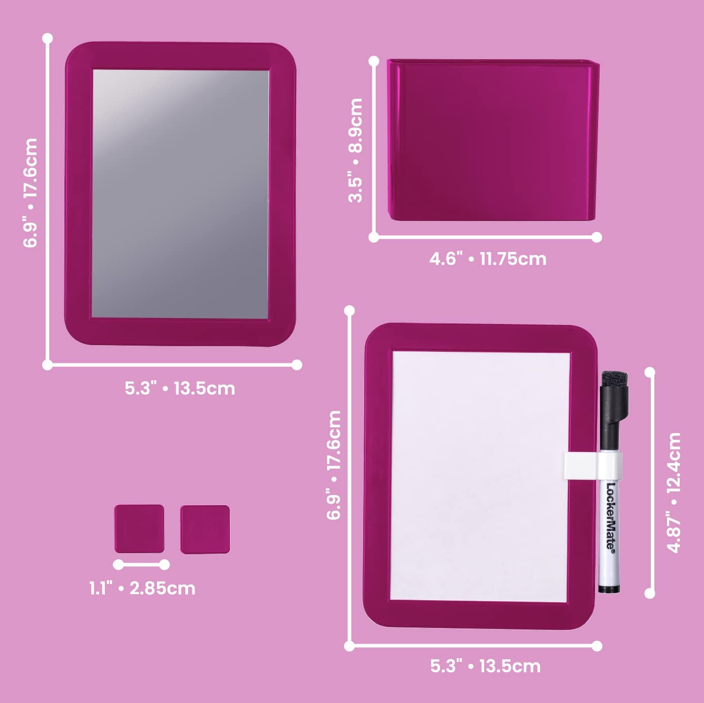 LockerMate 6-Piece Locker Organizer Kit, Includes Mirror, Small, Pink