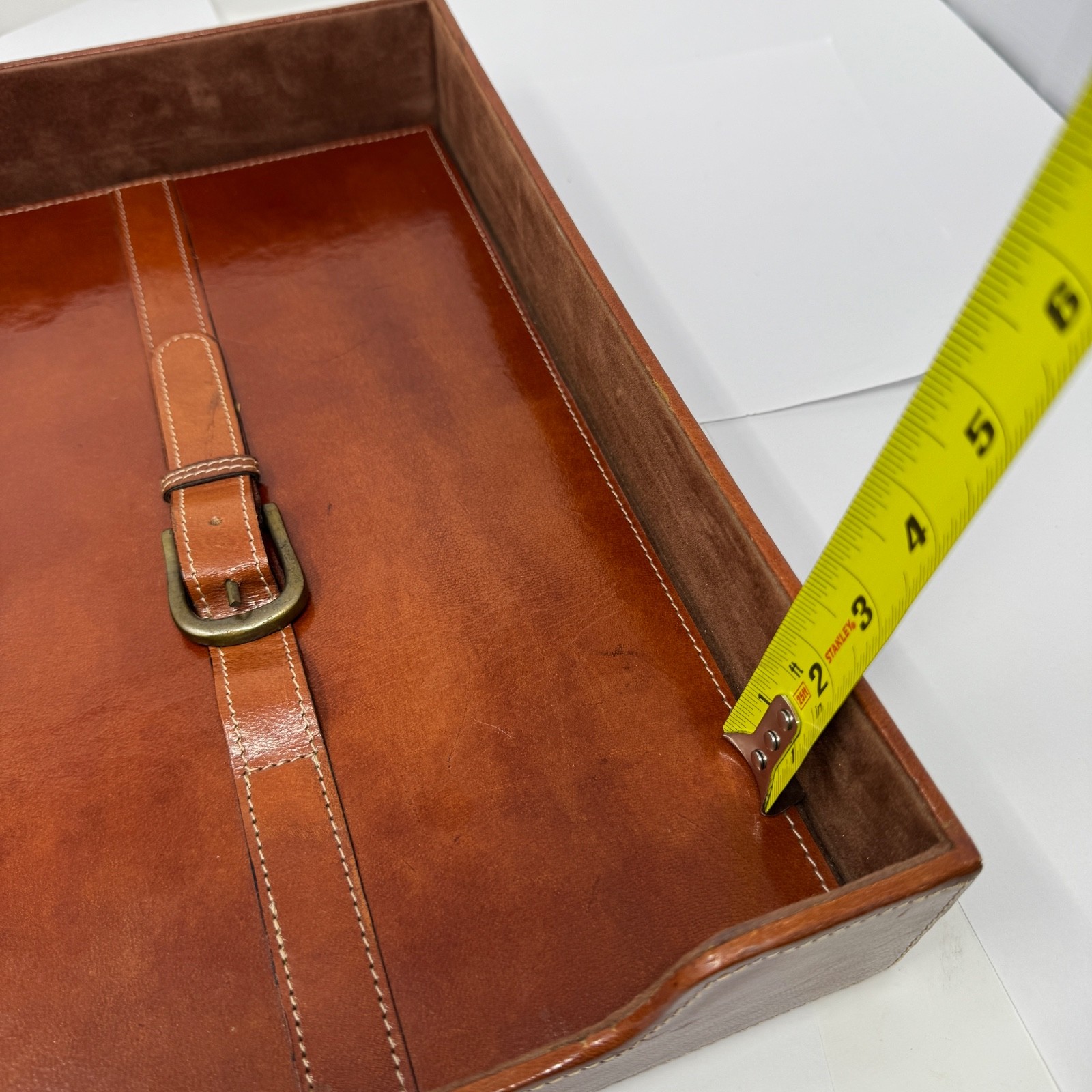 Brown Leather Letter Tray Desk Paper Organizer Belt Buckle Detail India 14×9