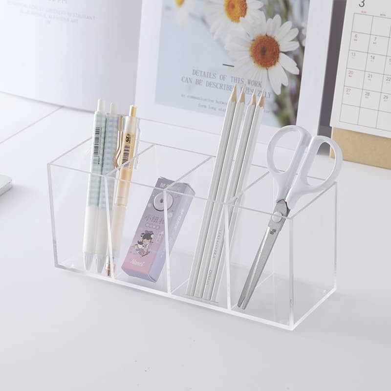 Acrylic Pen Holder 4 Compartments Clear Pencil Holder Organizer Makeup Brush