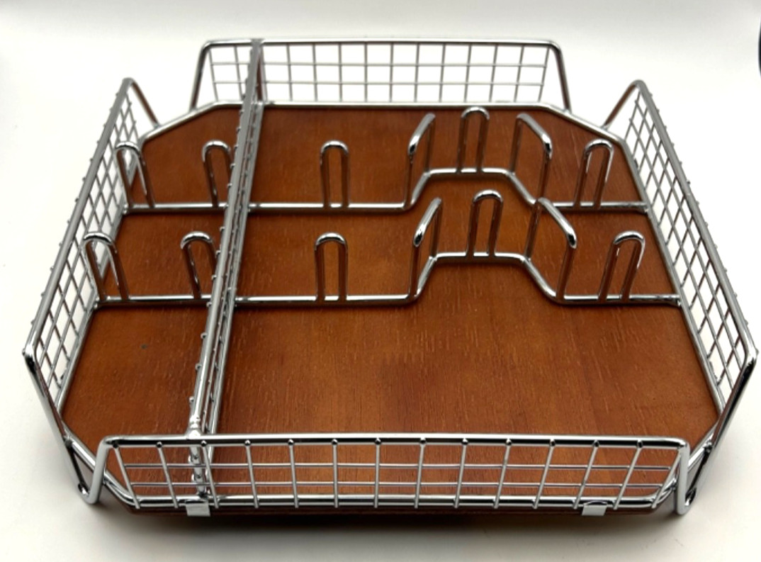 Chrome Wire Letter Mail Organizer w/ Wood Base Desktop File Sorter Office