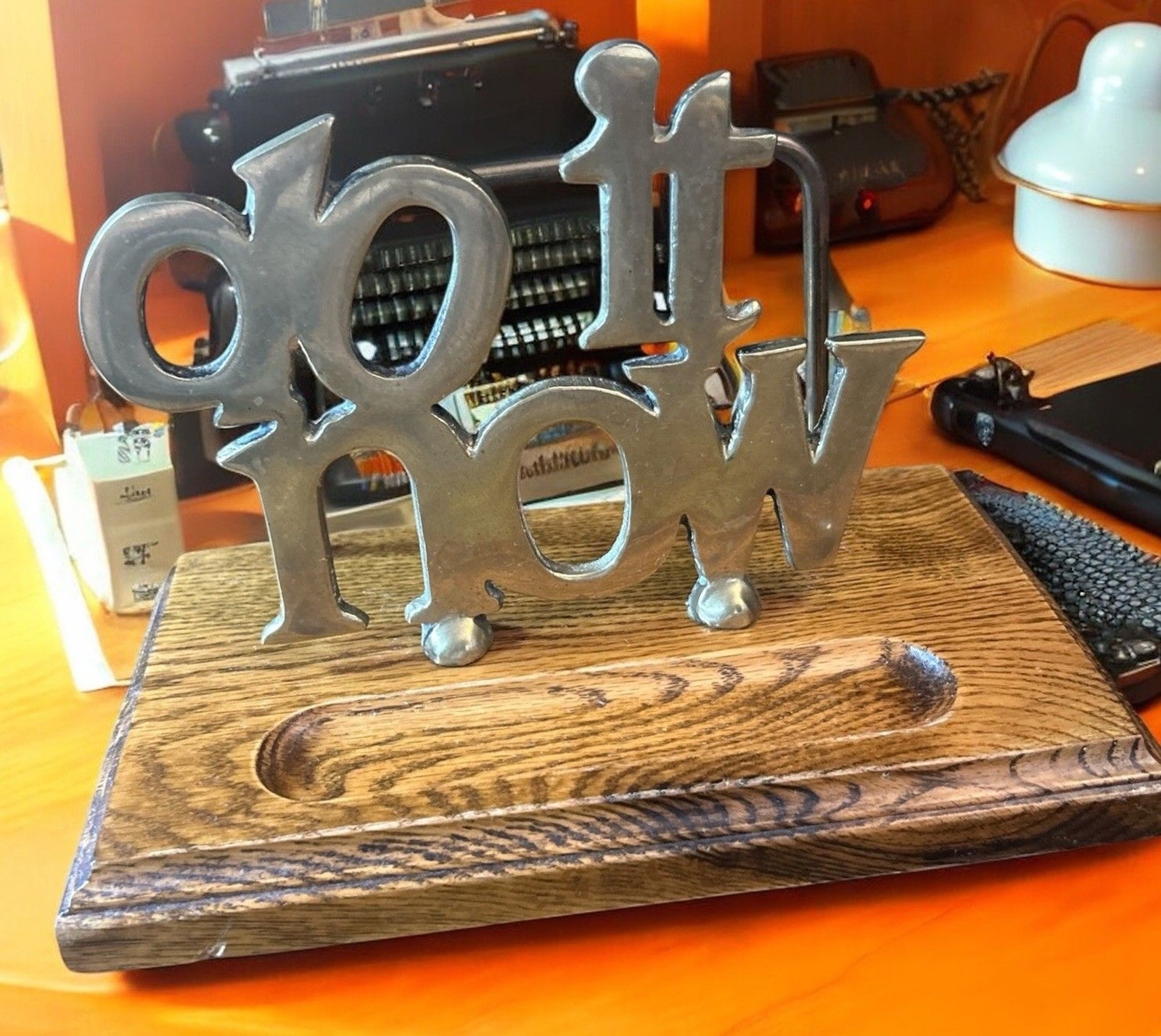 Desk “Do it Now” Letter Paper File Organizer Caddy Valet W/ Wood Base Vtg Retro