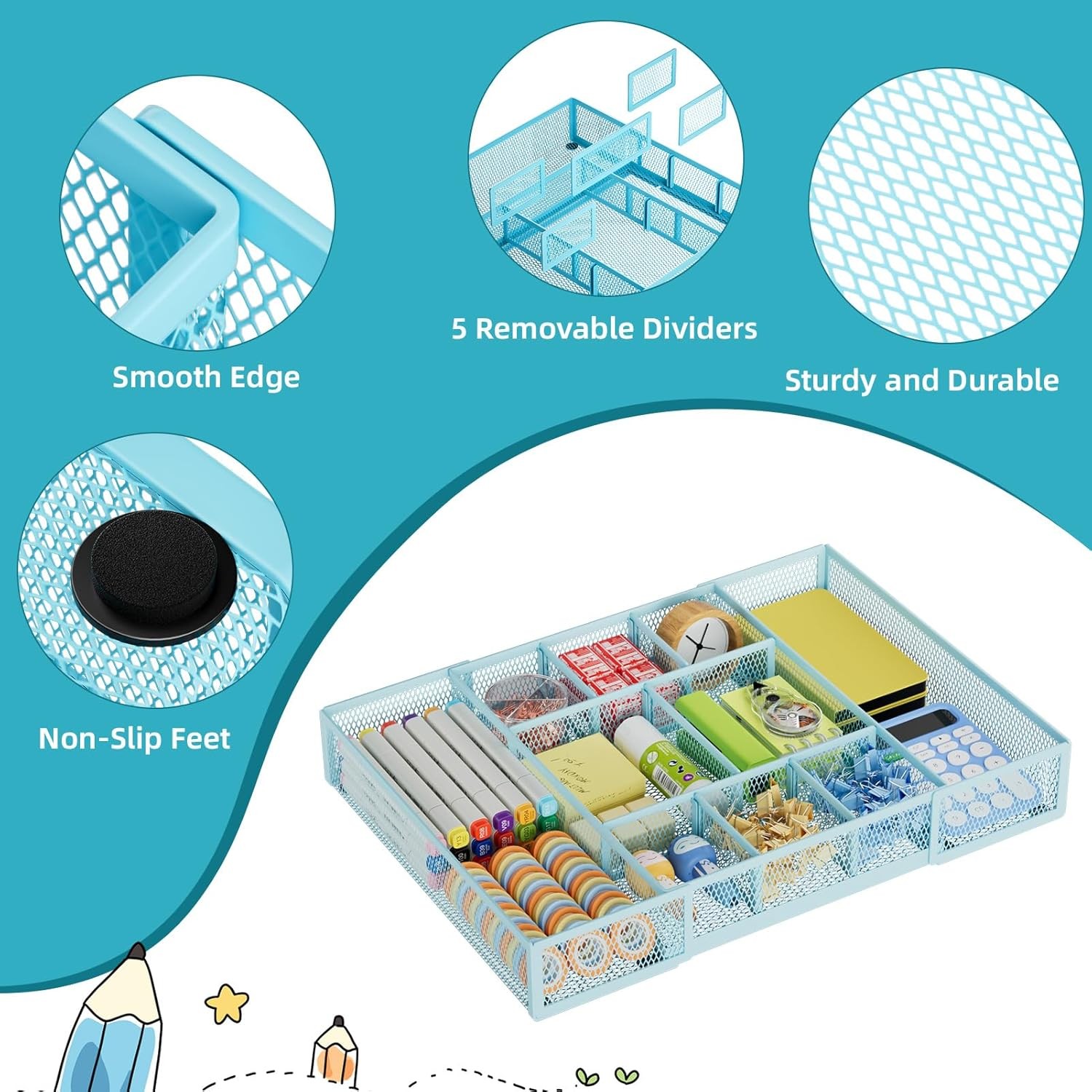 Expandable Desk Drawer Organizer, Mesh Drawer Organizer Tray with 10 Compartment