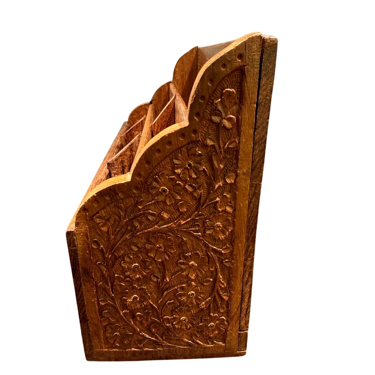 Vintage India Hand Carved Floral Wooden Mail Brass Inlay Organizer Letter Holder