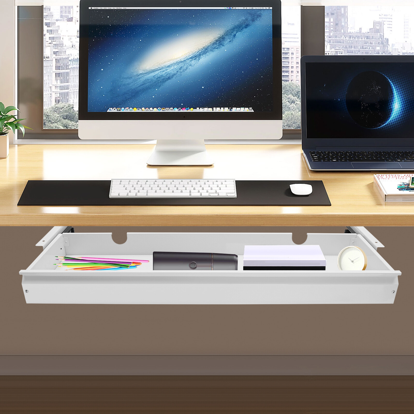Under Desk Sliding Pull-Out Drawer White 33.3 × 9.2 In Mount For Sit-Stand Desk