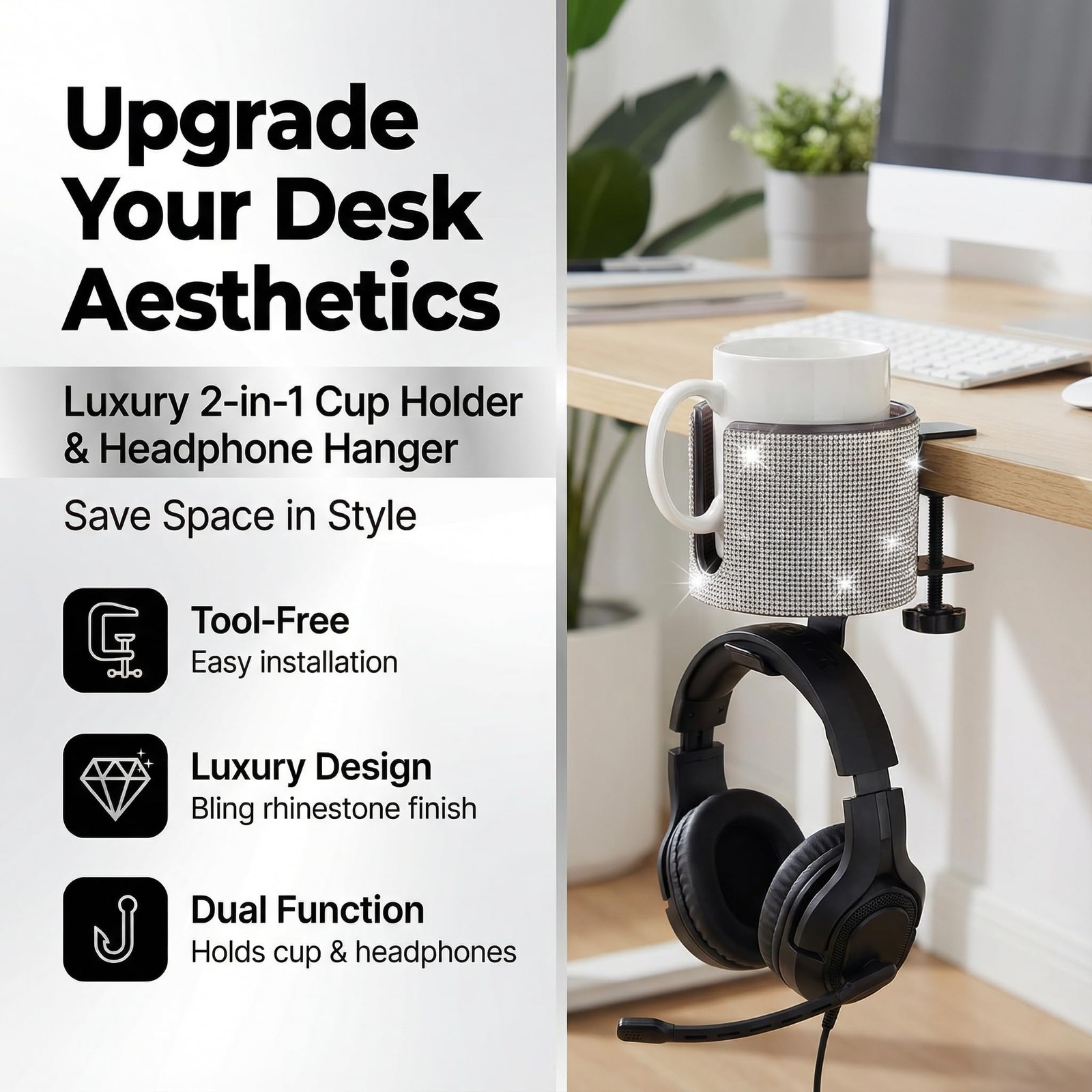 Luxury 2-in-1 Desk Cup Holder with Headphone Hanger for Office, Home, Gaming(…