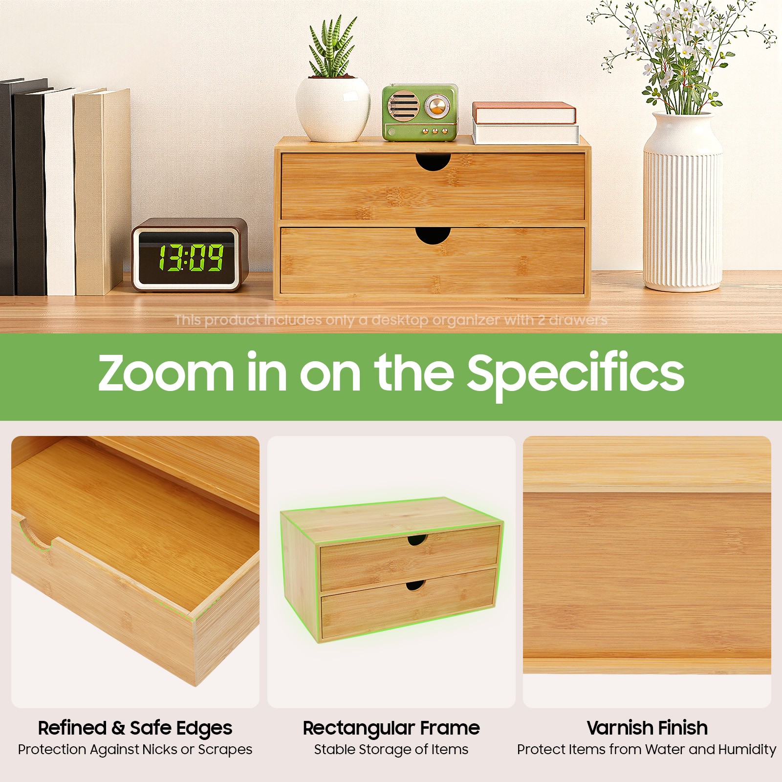 Bamboo Desk Organizer -Tabletop Mini Bamboo Desk Drawer Storage Box w/ 2 Drawers