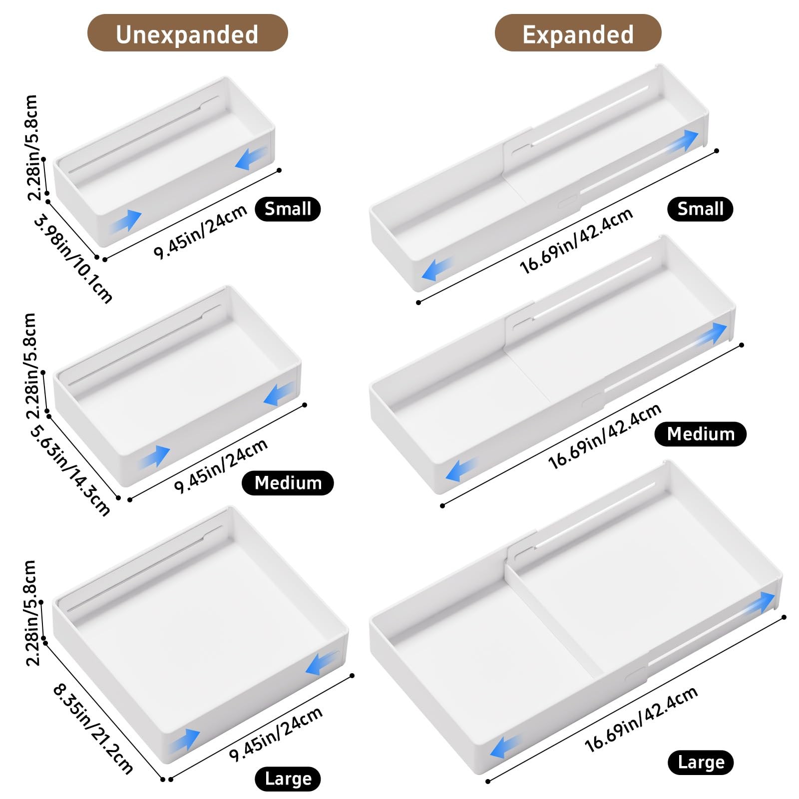 3-Pack Expandable Makeup Drawer Organizer, L/M/S