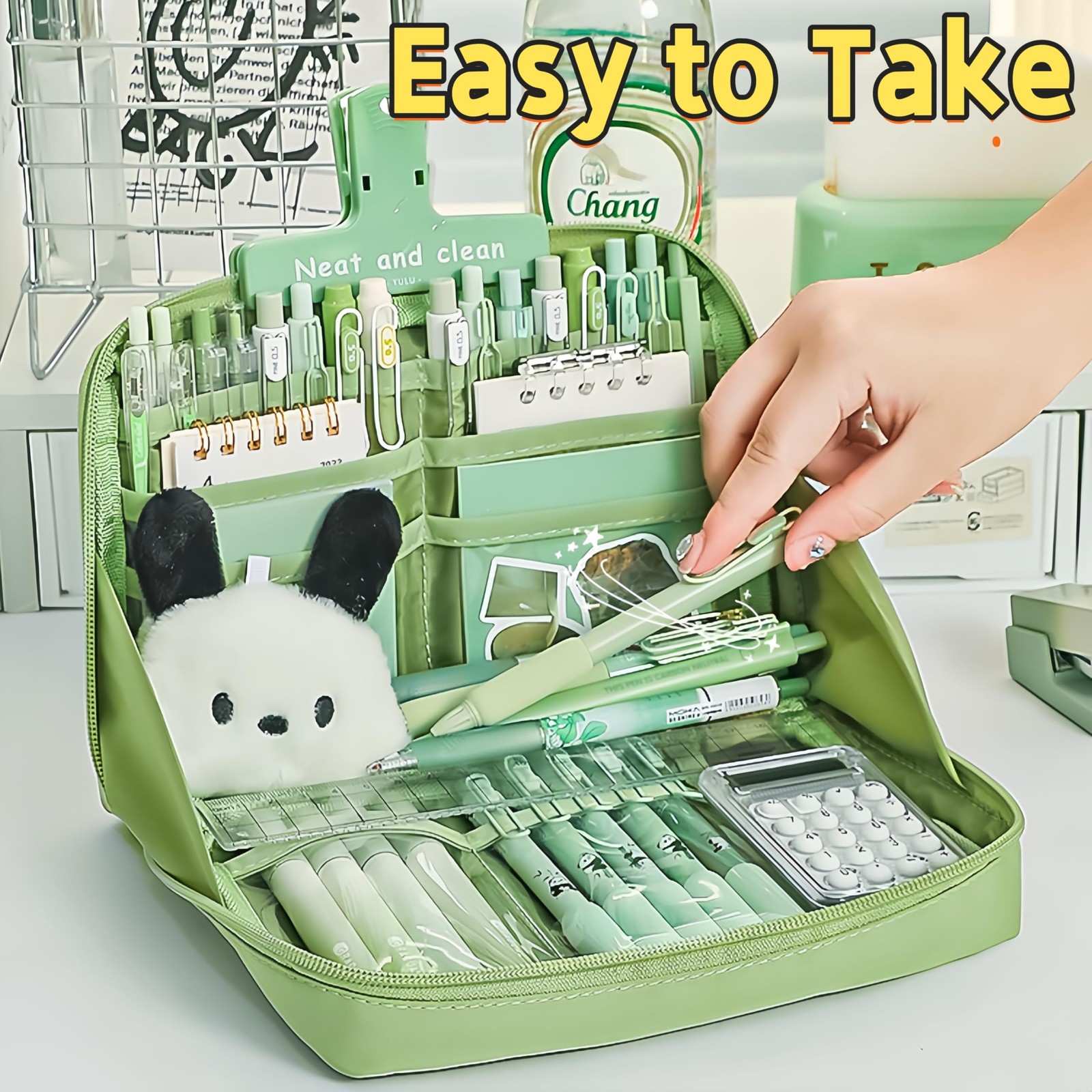 Kawaii Aesthetic Pencil Case Large Capacity Canvas Pen Pouch Green