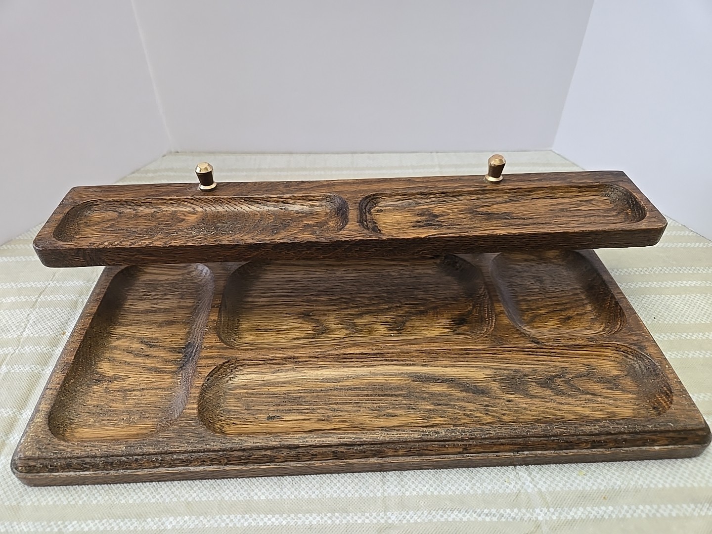 Solid Wood With Brass 2-Tier MCM Desk Organizer Dresser Valet jewelry Tray
