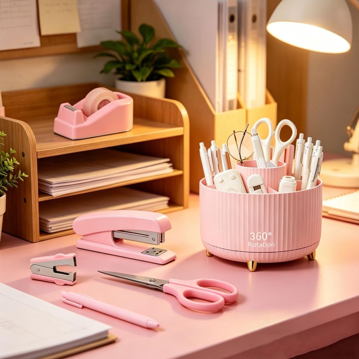Office Supplies Set Rotating Pen Holder for Desk with Stapler Staple Tape Dis…