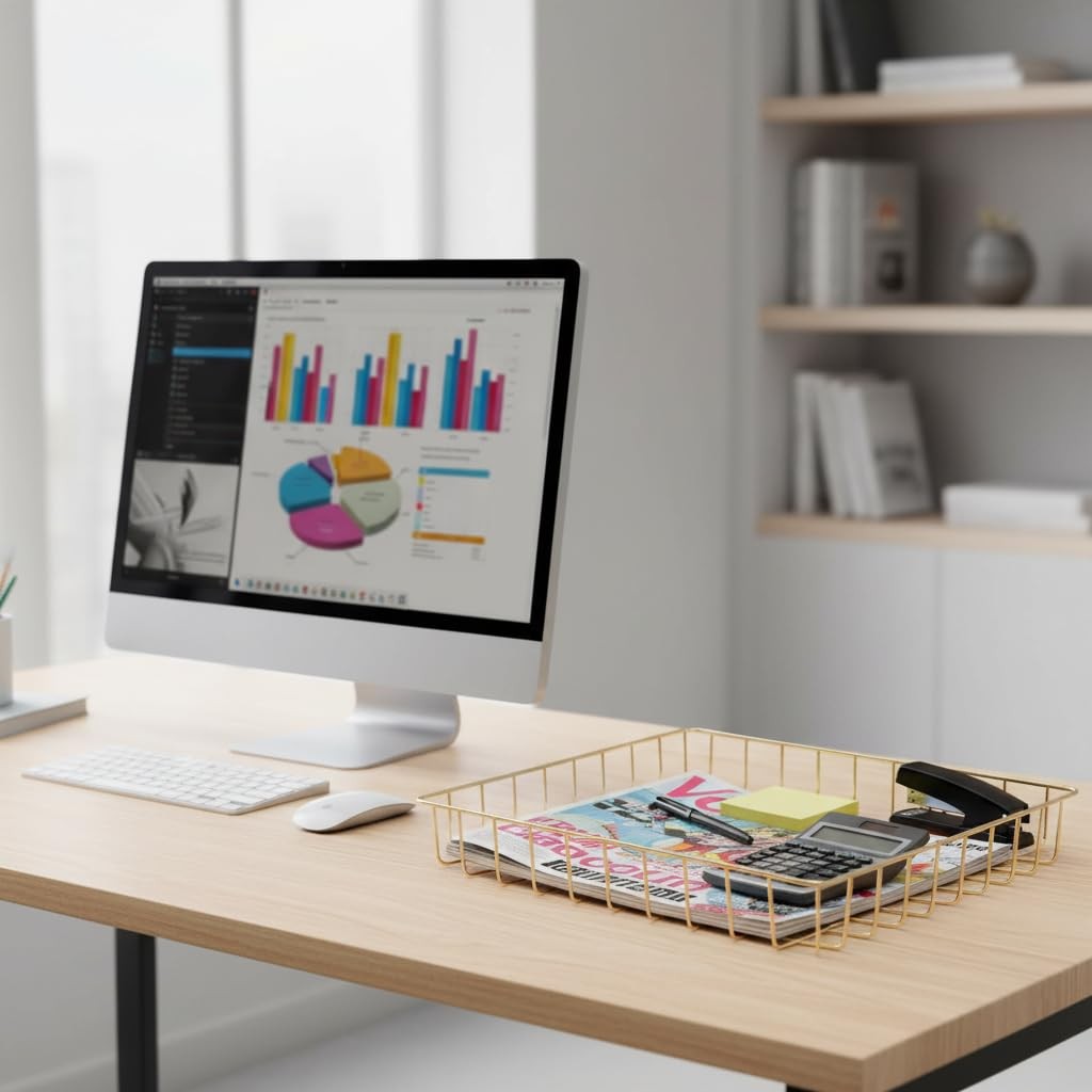 Metal Paper Tray Desk Organizer Large Capacity Letter File Gold 12.5×9.4×1.9